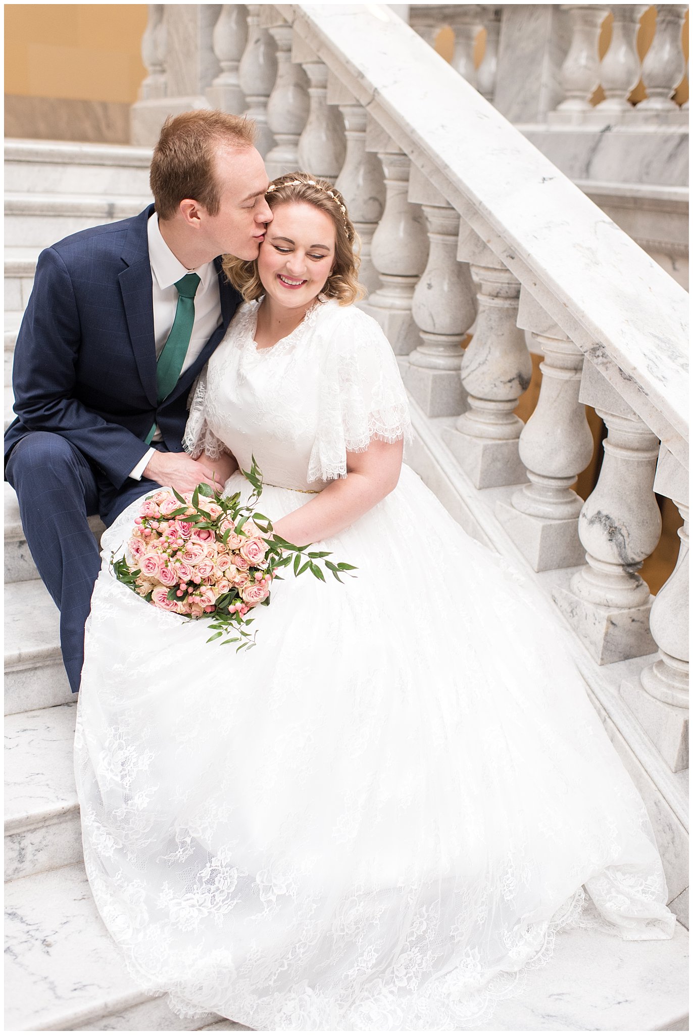 Bride and groom on steps of grand staircase | Winter Formals at the Utah State Capitol | Utah Wedding Photography