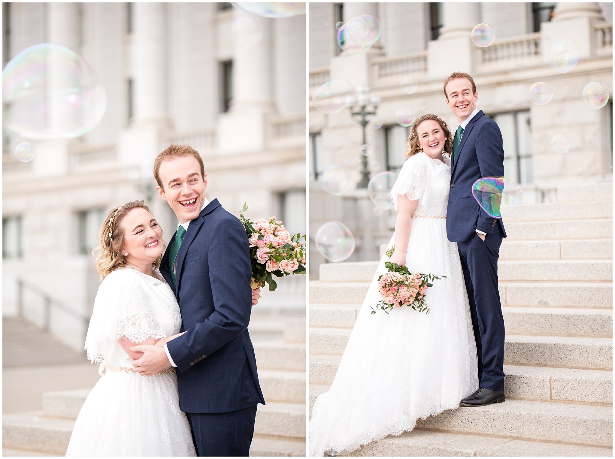 Giant bubbles with bride and groom on steps of capitol building | Winter Formals at the Utah State Capitol | Utah Wedding Photography