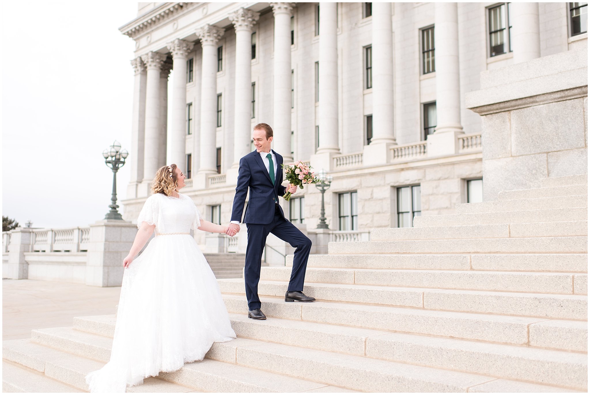 Bride and groom walking up capitol building steps | Winter Formals at the Utah State Capitol | Utah Wedding Photography