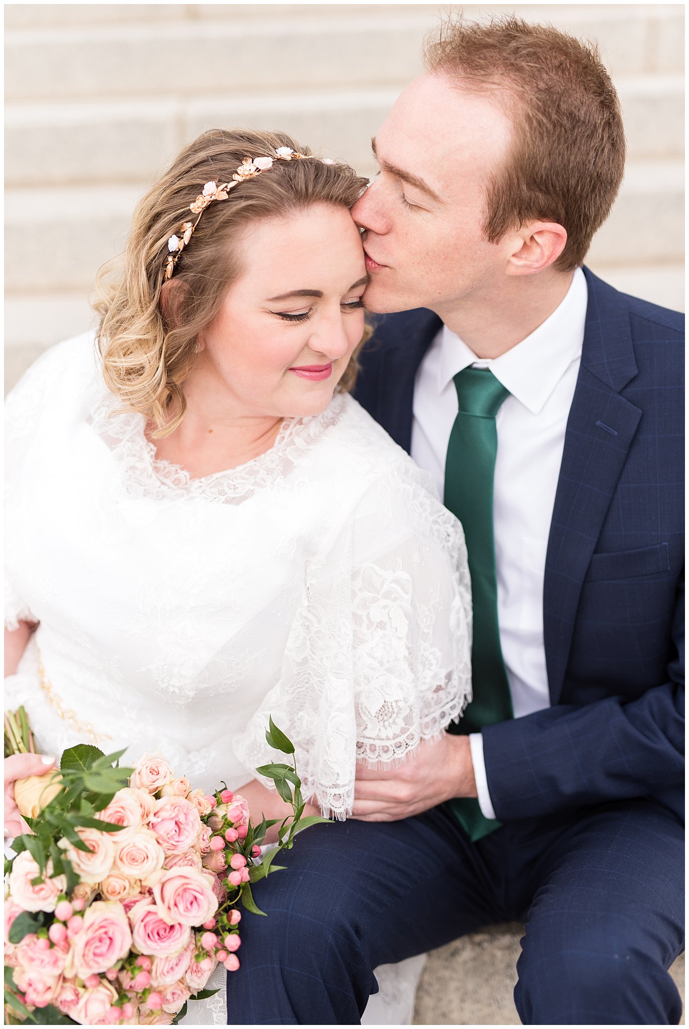 Groom kisses bride on forehead | Winter Formals at the Utah State Capitol | Utah Wedding Photography