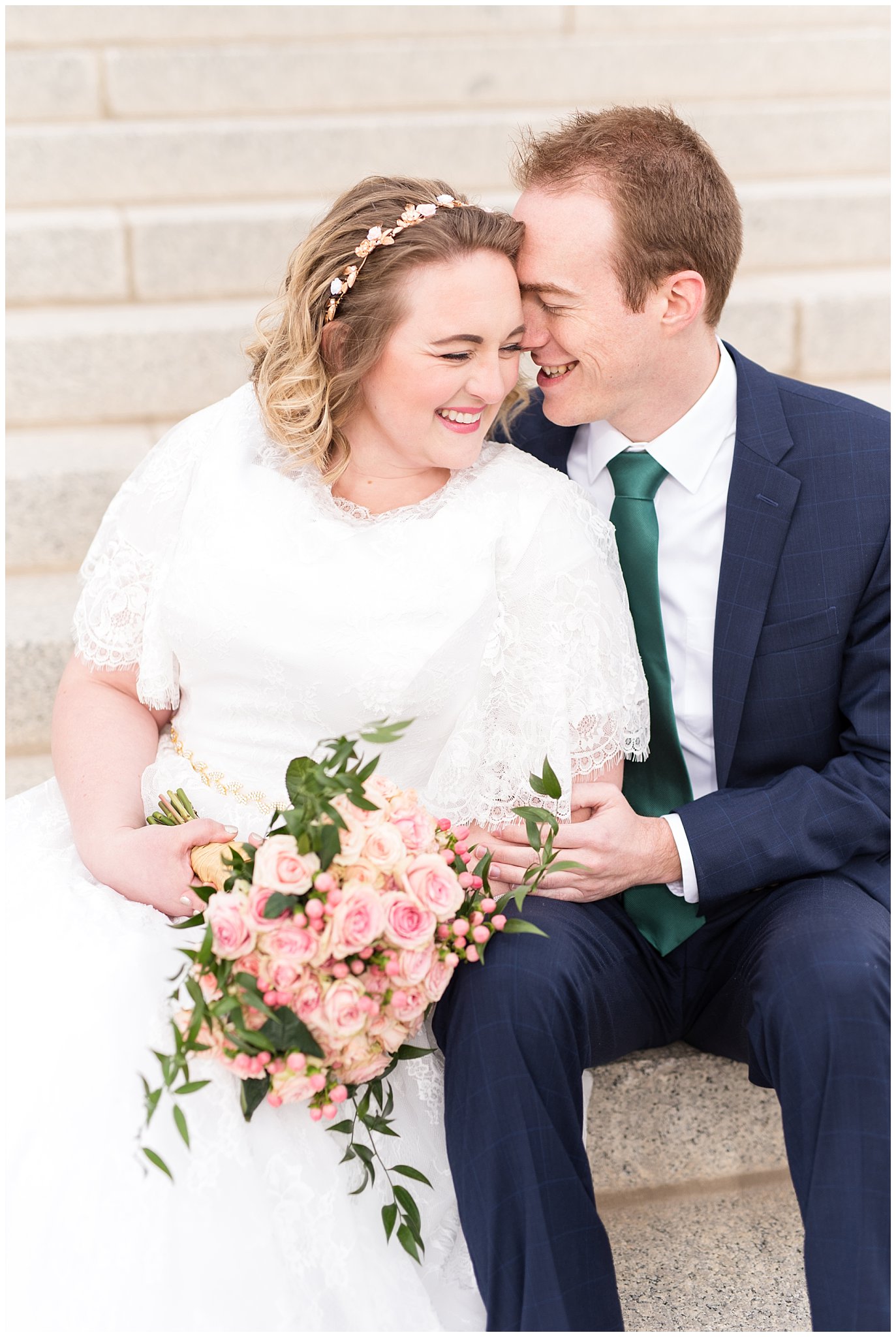 Bride and groom laughing while sitting on steps | Winter Formals at the Utah State Capitol | Utah Wedding Photography