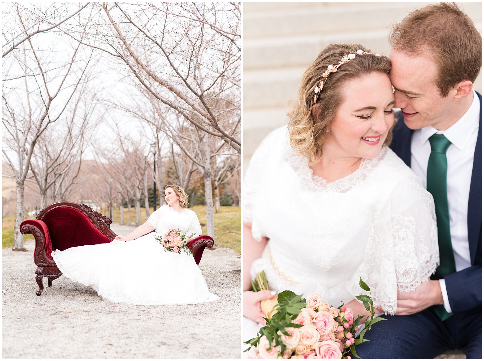 Bride sits on vintage couch and couple laughs on stairs | Winter Formals at the Utah State Capitol | Utah Wedding Photography