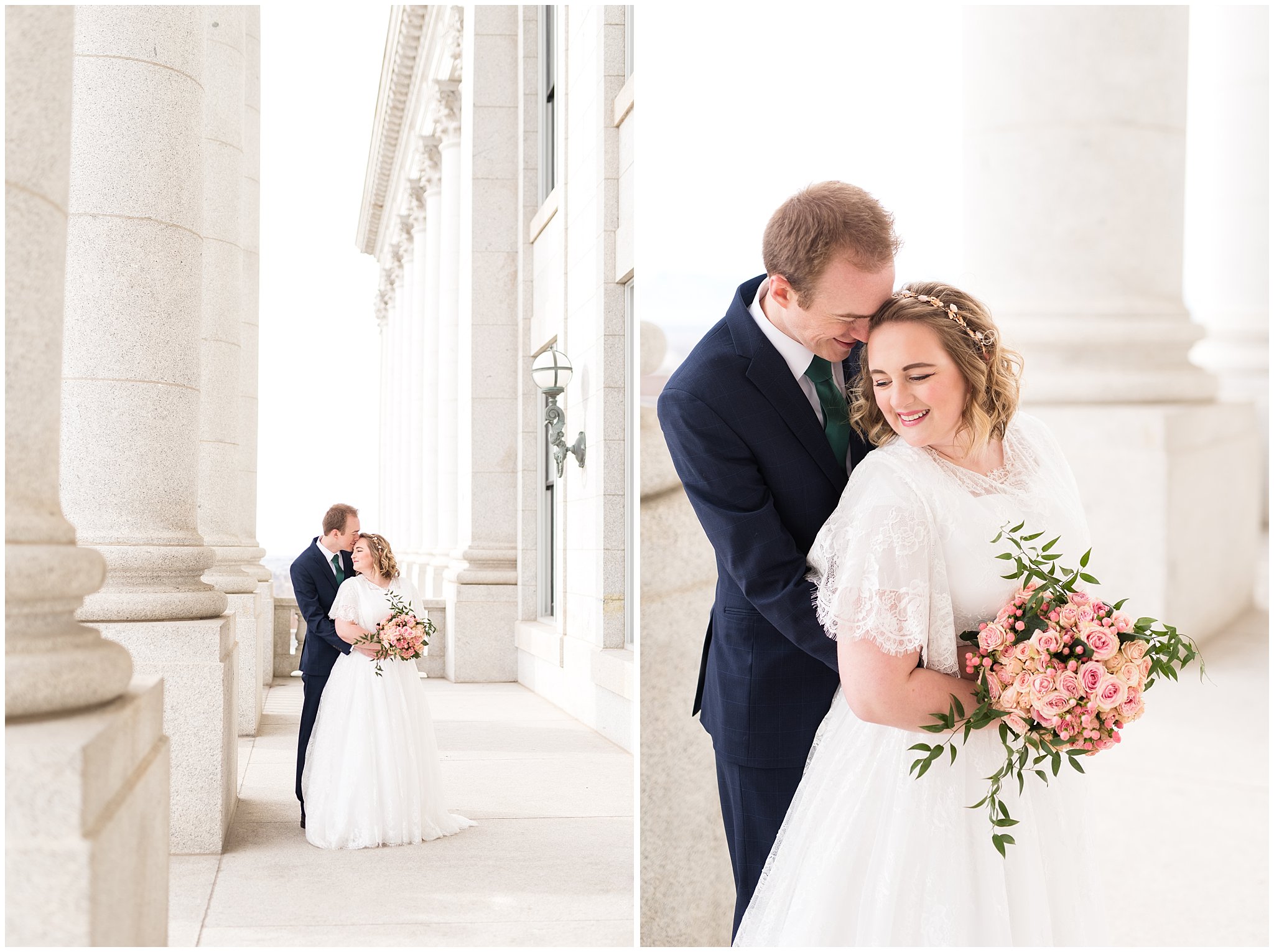 Bride and groom cuddled close to capitol columns | Winter Formals at the Utah State Capitol | Utah Wedding Photography