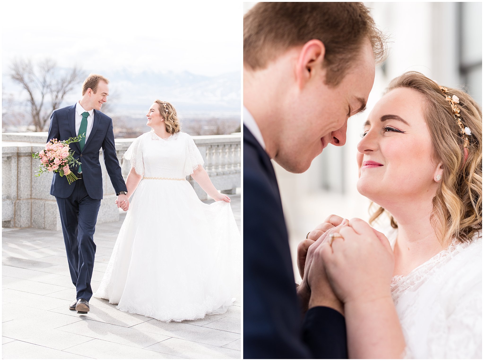 Bride and groom walk and bride looks romantically at groom | Winter Formals at the Utah State Capitol | Utah Wedding Photography