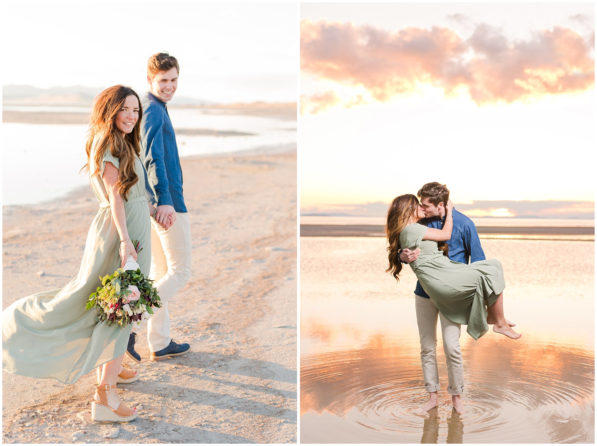Couple dressed up for sunset Antelope Island Engagement session | Jessie and Dallin Photography