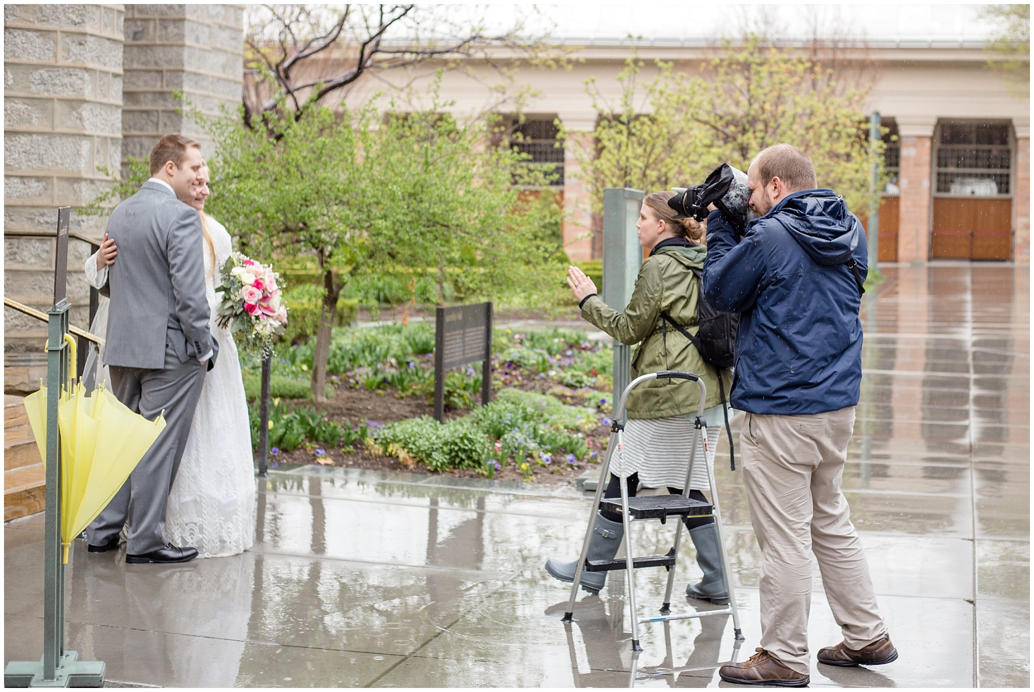 Utah Photographers at the Salt Lake Temple in the rain | Husband and Wife Photography Team | Jessie and Dallin Photography