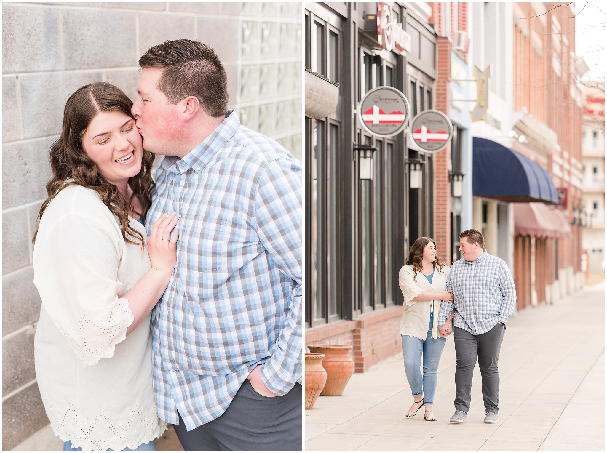 Couple dressed in light blue and white urban engagements | Downtown Logan and Green Canyon Engagements | Utah Wedding Photographers | Jessie and Dallin Photography