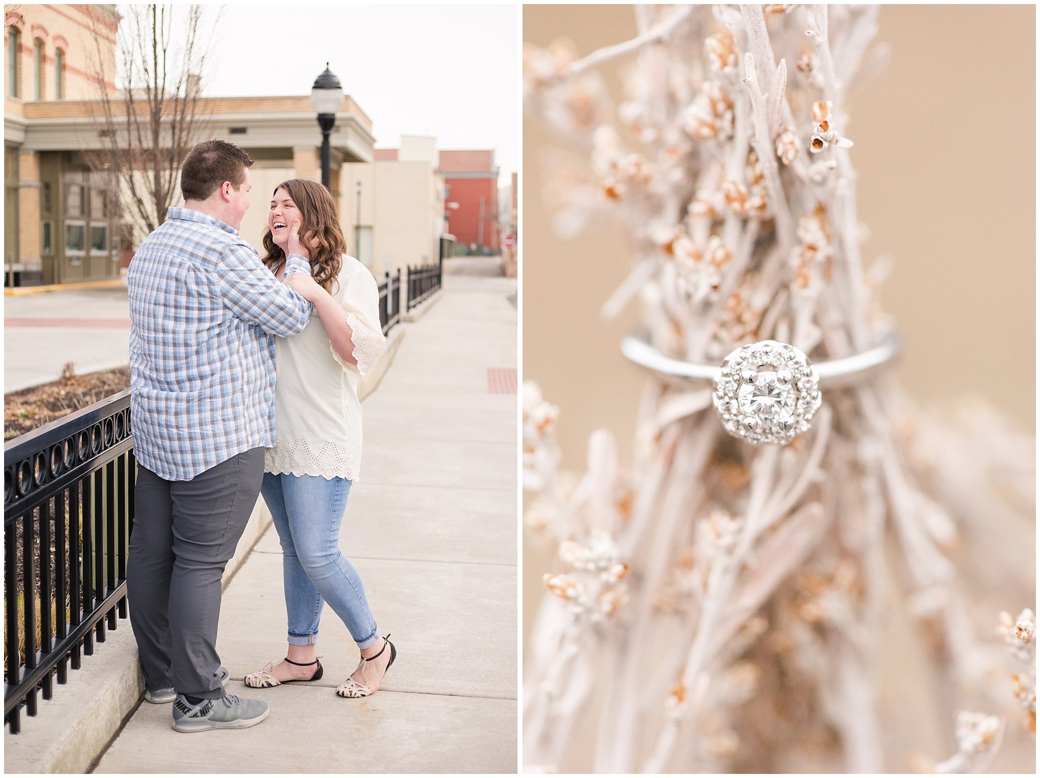 Couple dressed in light blue and white urban engagements and engagement ring in sage brush | Downtown Logan and Green Canyon Engagements | Utah Wedding Photographers | Jessie and Dallin Photography