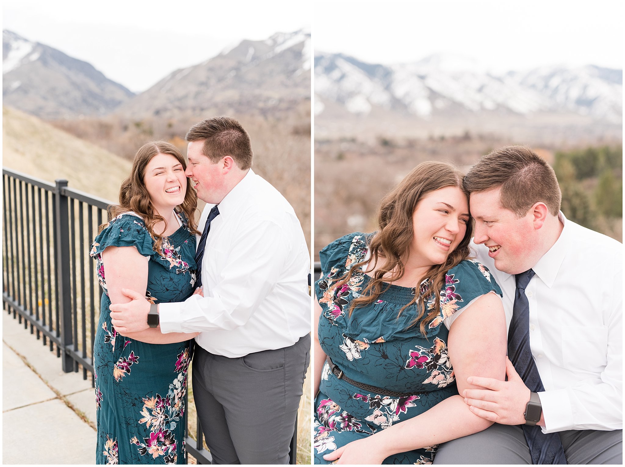 Couple dressed up in white shirt and tie and green blue floral dress by the mountains | Downtown Logan and Green Canyon Engagements | Utah Wedding Photographers | Jessie and Dallin Photography