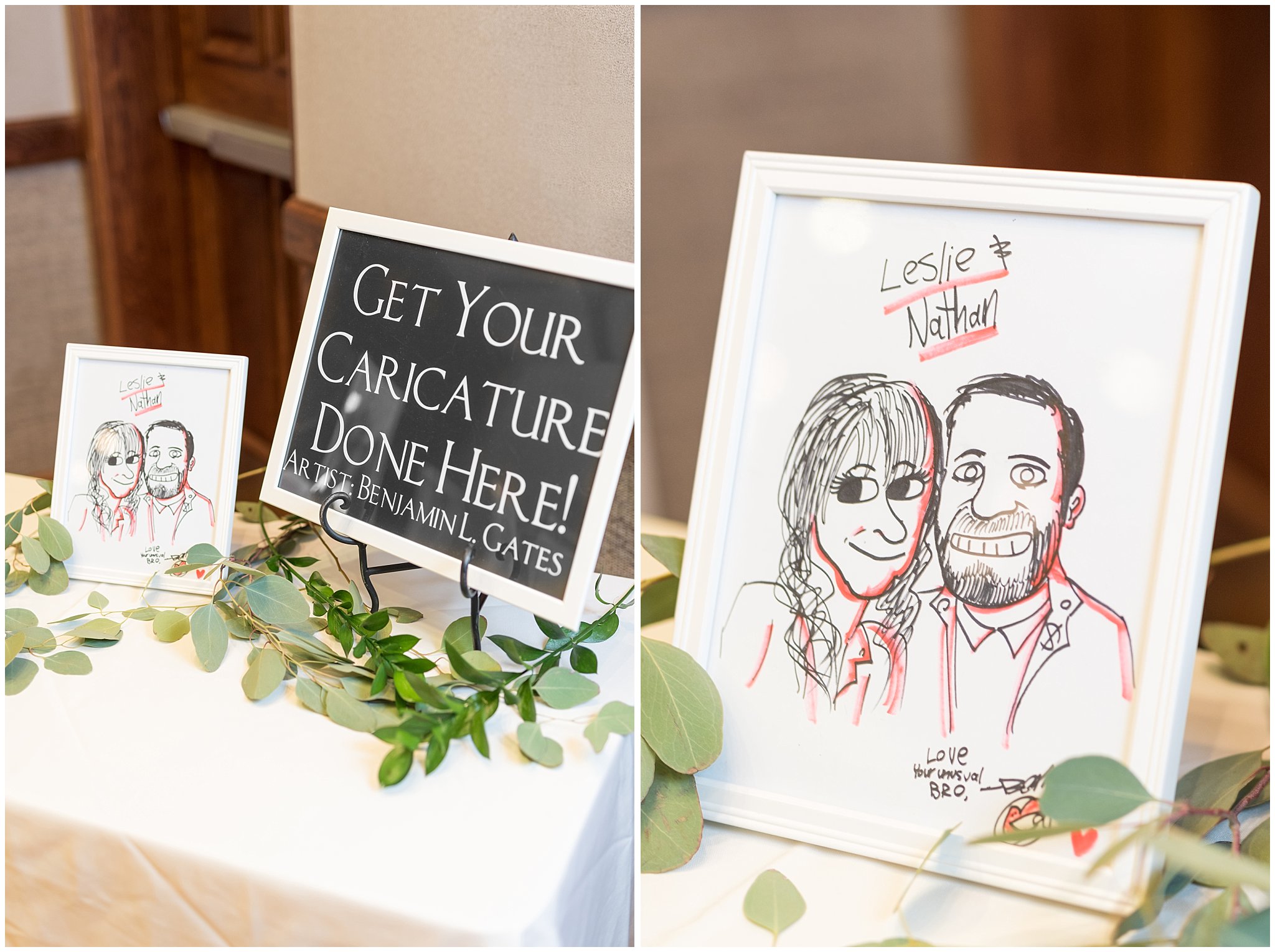 Caricatures drawn at wedding reception | Ogden Temple Wedding | Jessie and Dallin Photography