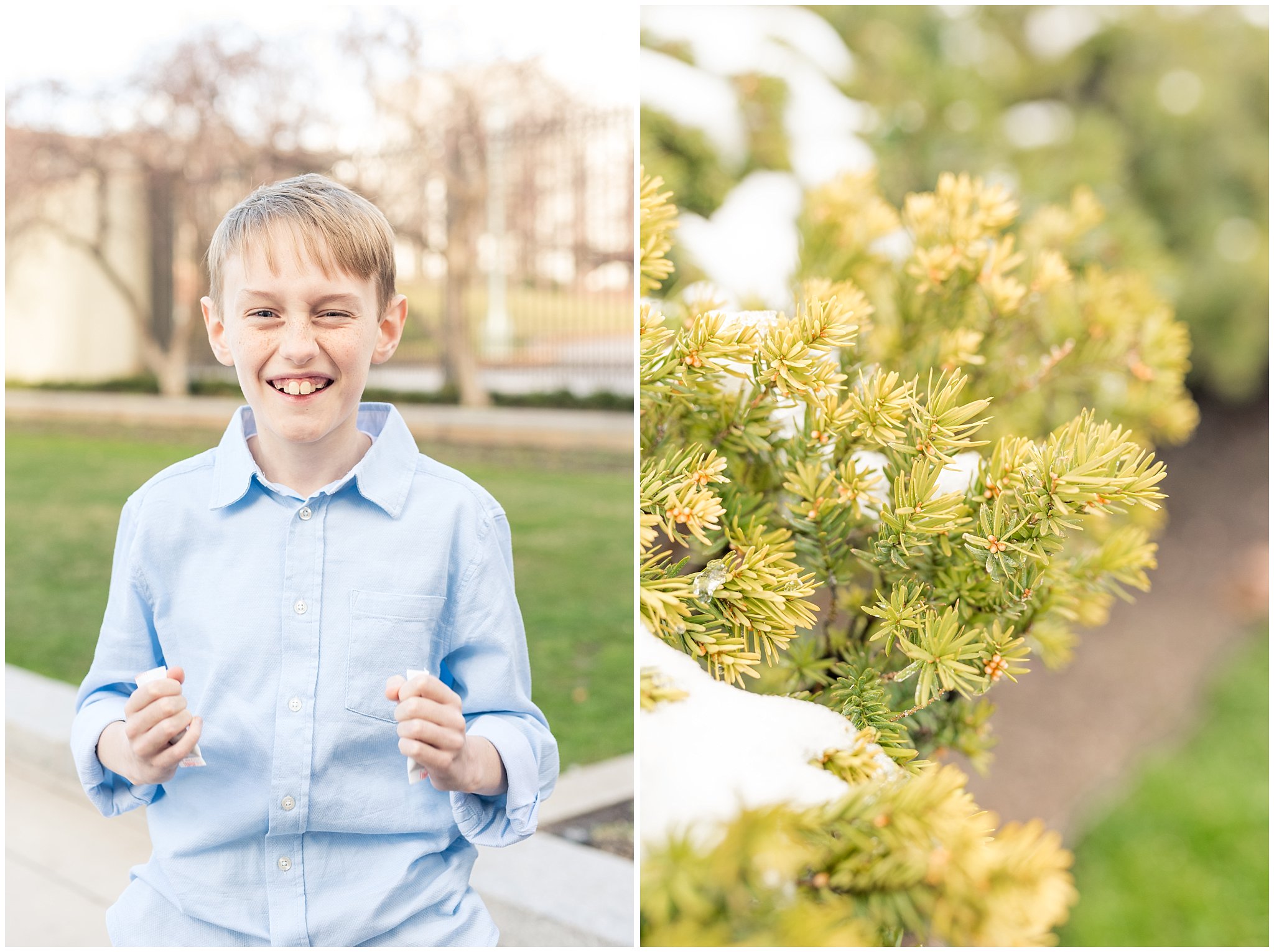 Candid photo of boy keeping warm with hand warmers | Salt Lake Temple Sealing | Jessie and Dallin Photography