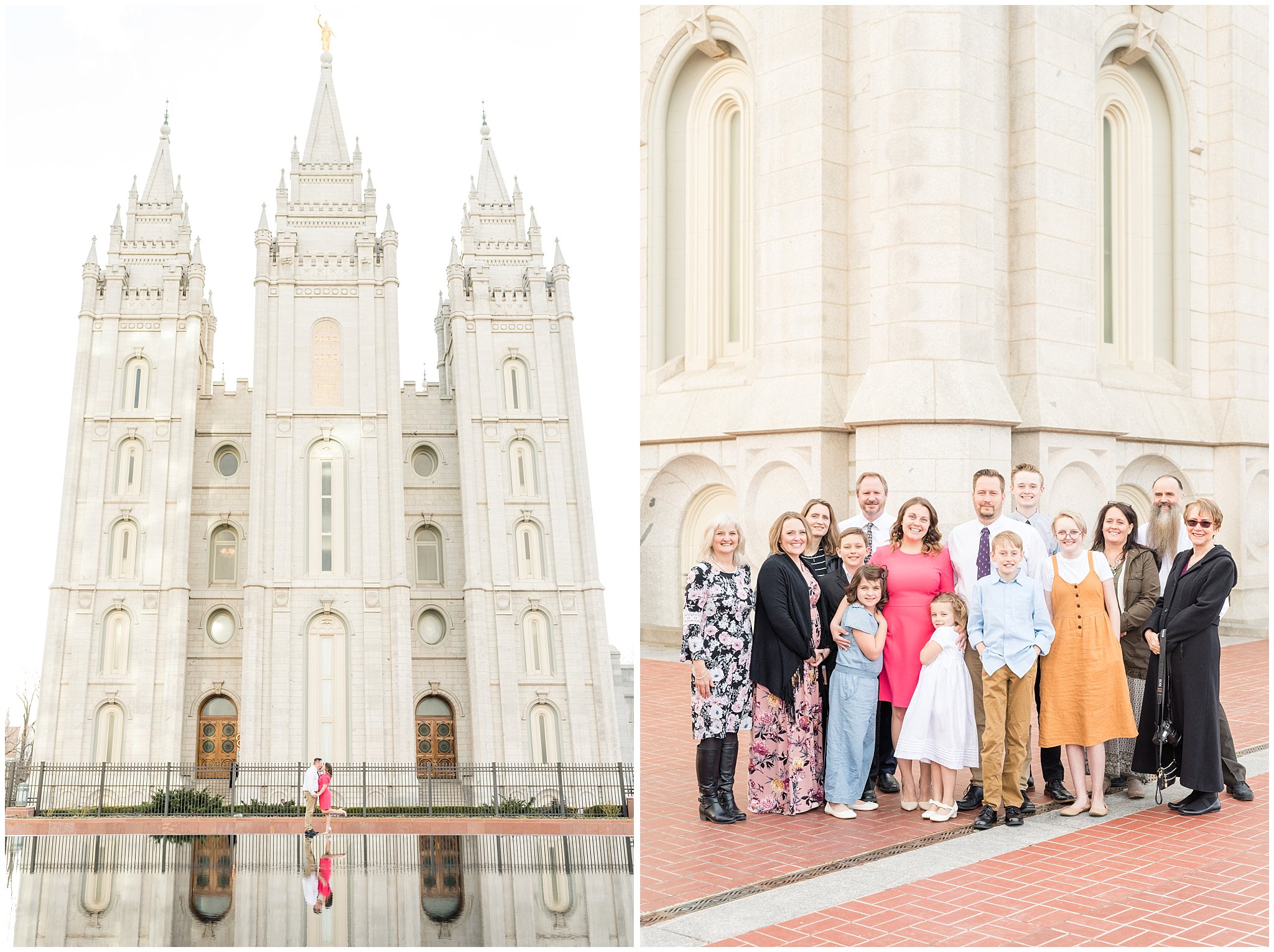 Couple photos in reflection pool and Family pictures | Salt Lake Temple Sealing | Jessie and Dallin Photography