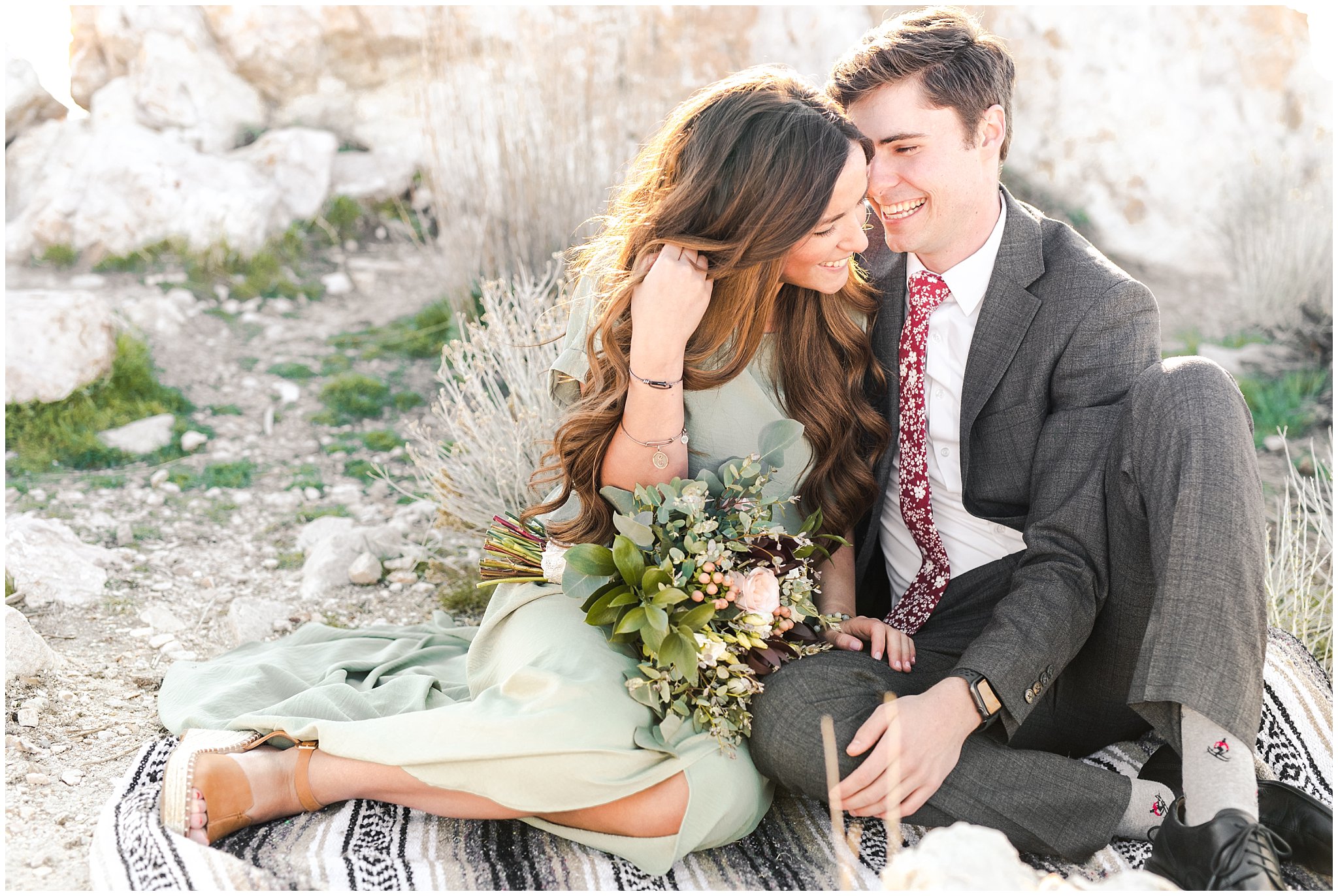 Couple in green dress and suit at Antelope Island | Antelope Island Engagements | Utah Wedding Photographers | Jessie and Dallin Photography