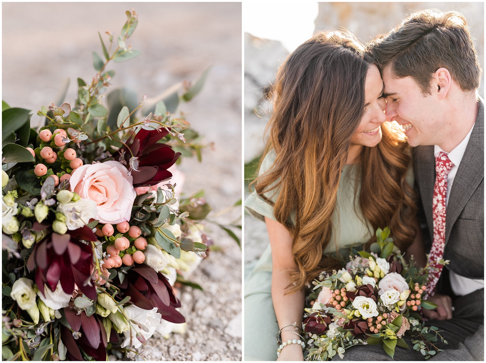 Couple dressed up for Antelope Island Engagement with bouquet | Antelope Island Engagements | Utah Wedding Photographers | Jessie and Dallin Photography