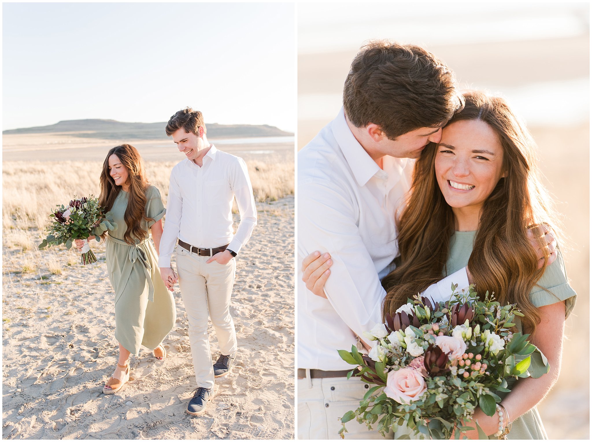 Couple dressed up for Antelope Island Engagement with bouquet | Antelope Island Engagements | Utah Wedding Photographers | Jessie and Dallin Photography