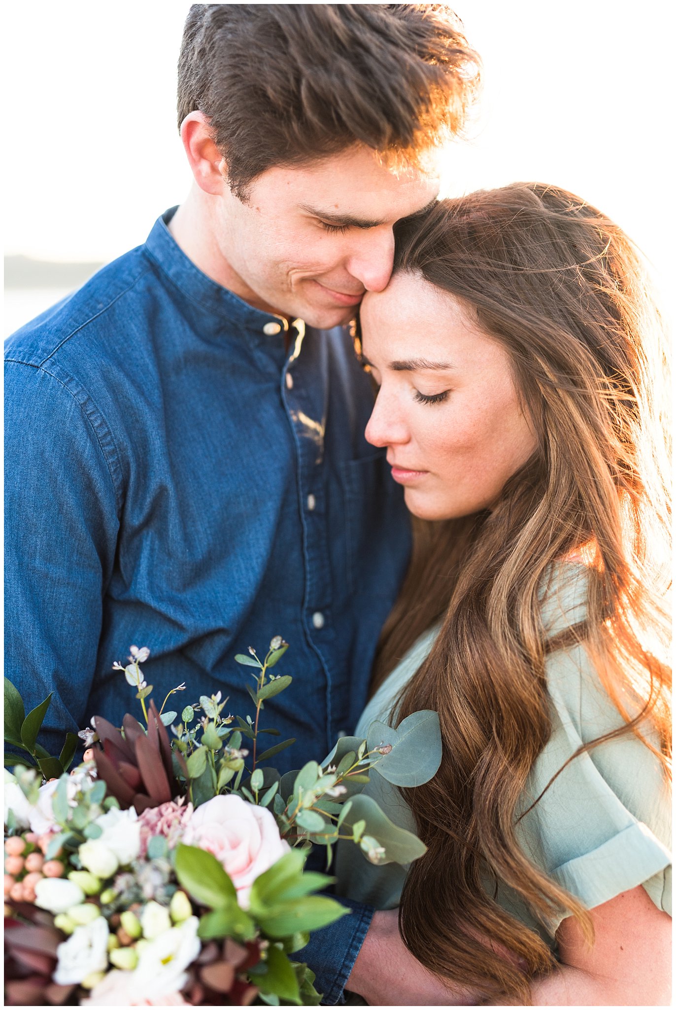 Couple dressed up for Antelope Island Engagement with bouquet | Antelope Island Engagements | Utah Wedding Photographers | Jessie and Dallin Photography