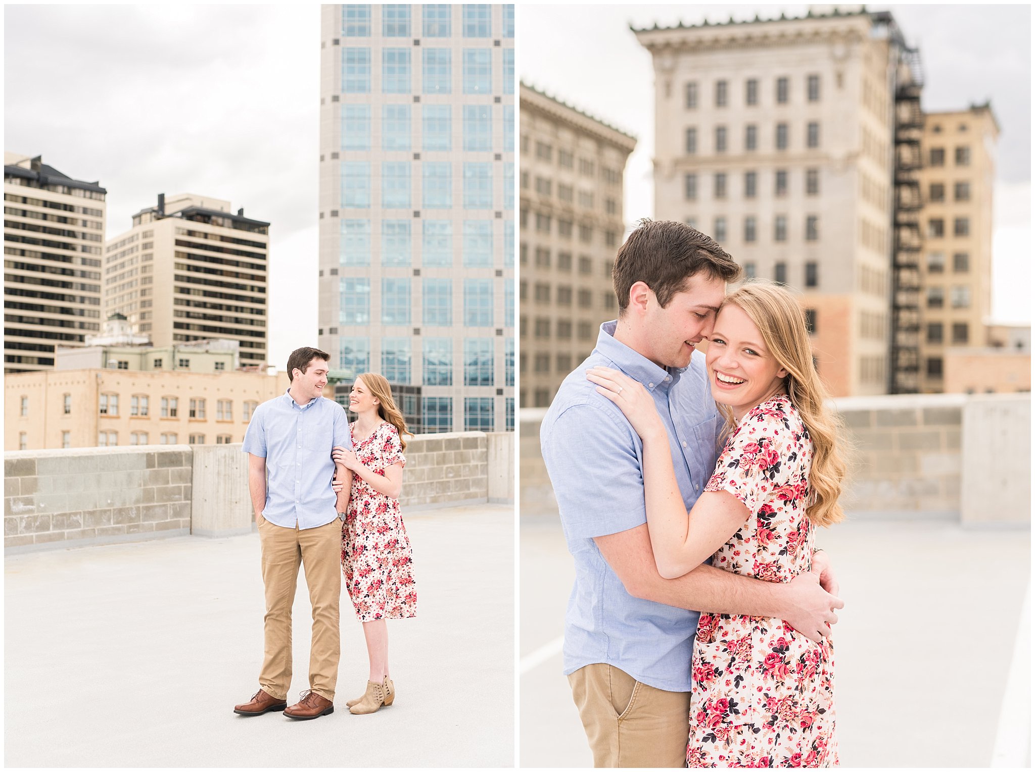 Couple on rooftop | Downtown Salt Lake and Ensign Peak Engagement | Utah Wedding Photographers | Jessie and Dallin Photography