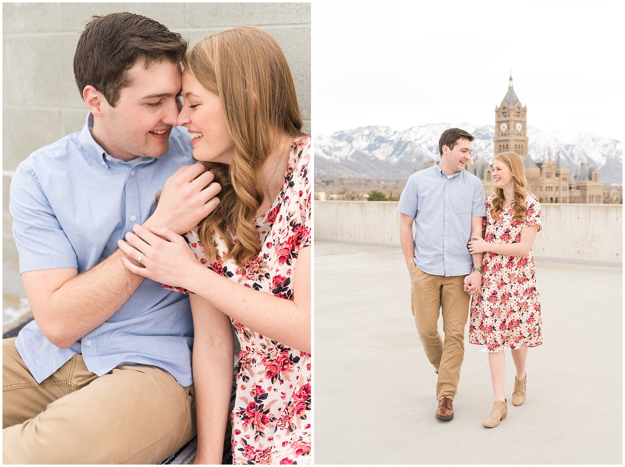 Couple on rooftop | Downtown Salt Lake and Ensign Peak Engagement | Utah Wedding Photographers | Jessie and Dallin Photography