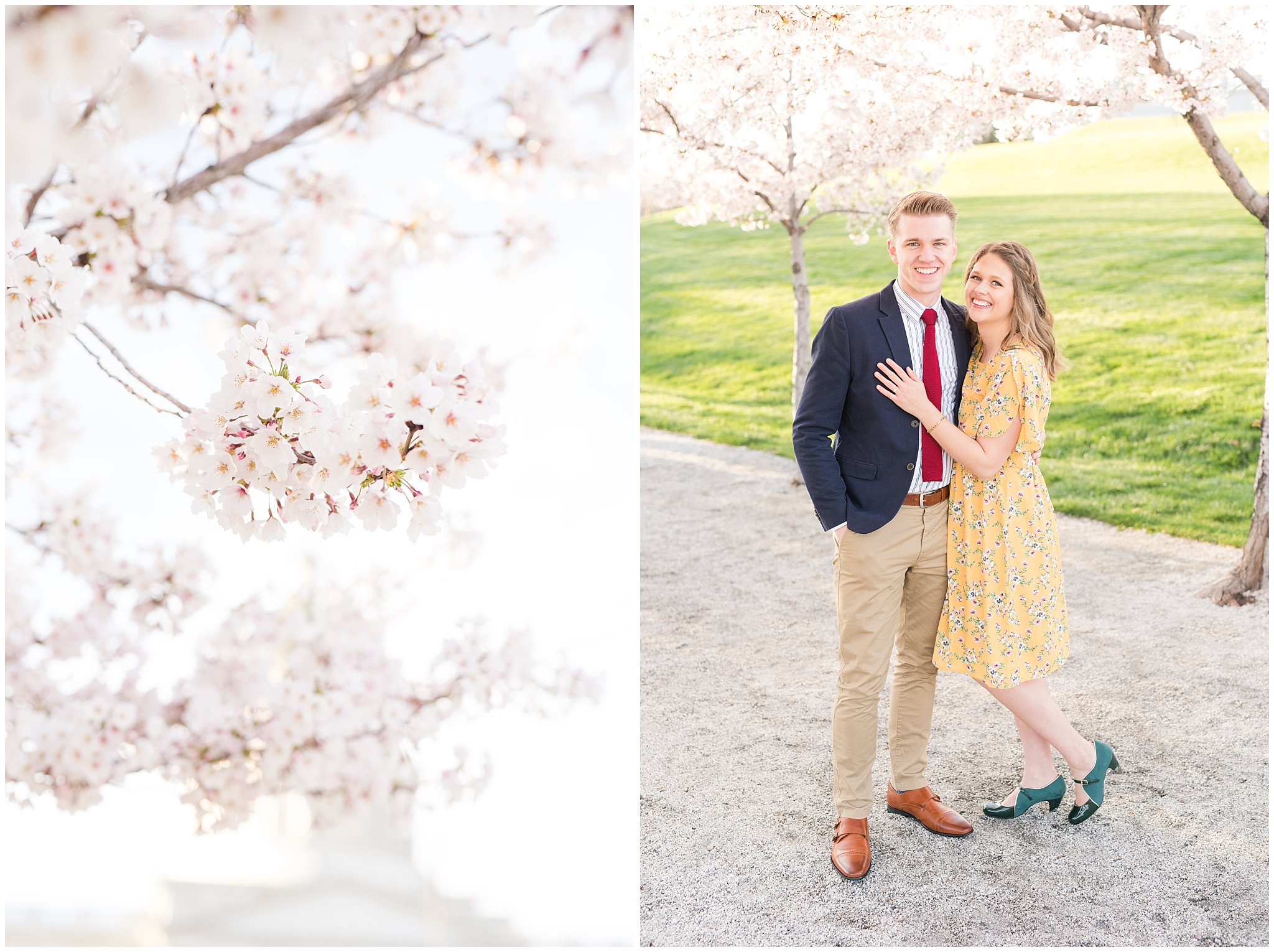 Couple dressed up in suit and yellow dress in the cherry blossoms | Spring Blossom Engagement at the Utah State Capitol | Utah Wedding Photographers | Jessie and Dallin