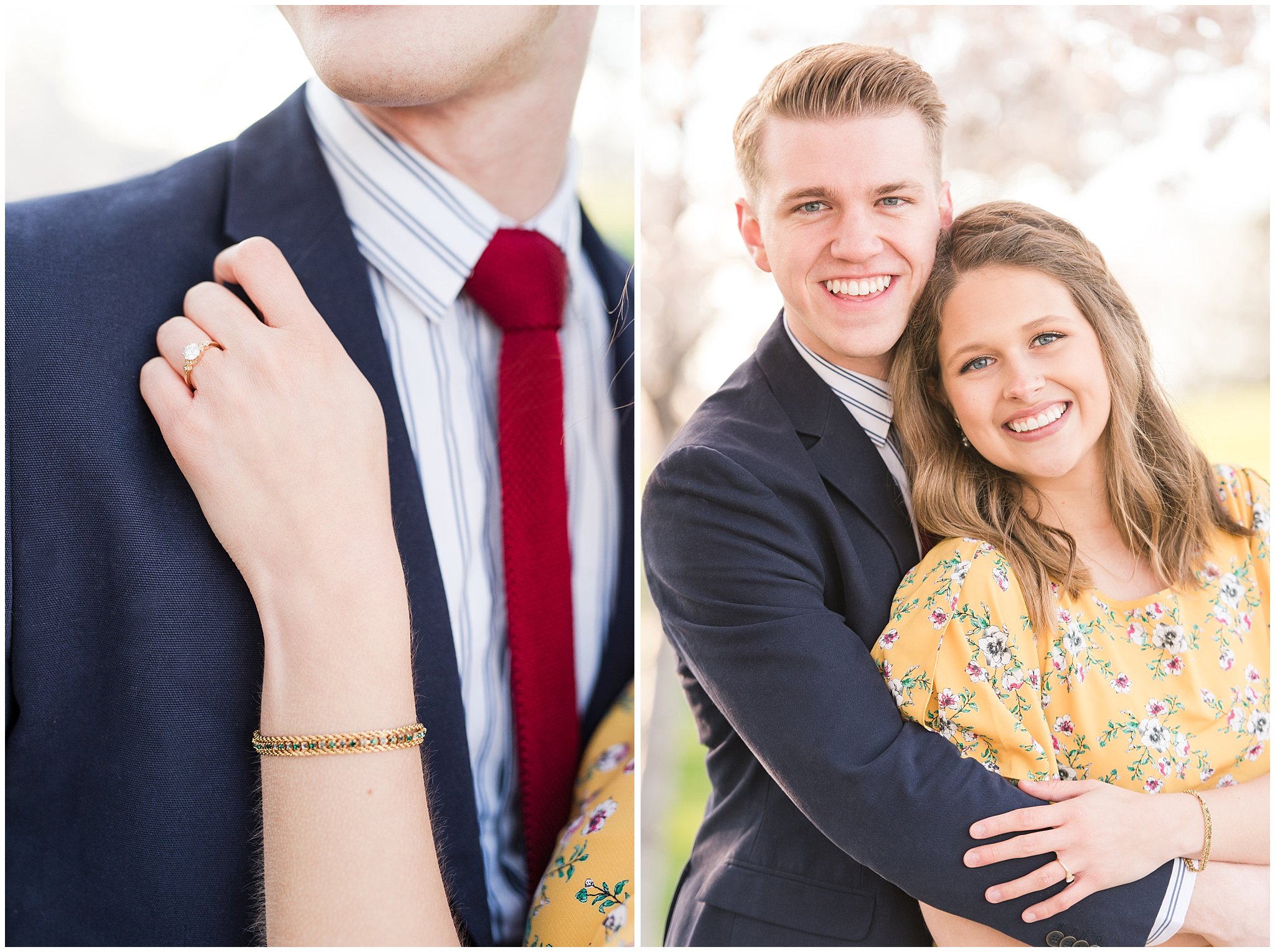 Couple dressed up in suit and yellow dress in the cherry blossoms | Spring Blossom Engagement at the Utah State Capitol | Utah Wedding Photographers | Jessie and Dallin