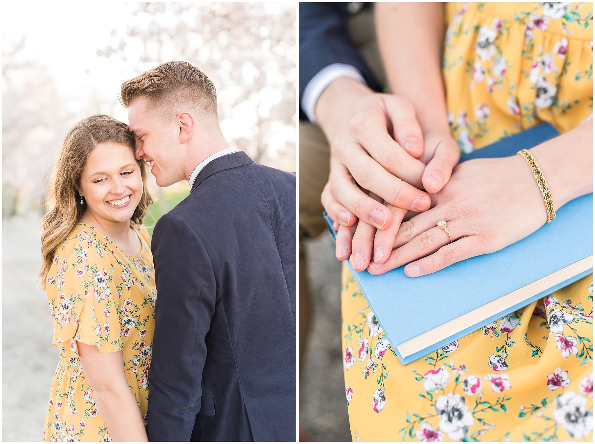 Couple dressed up in suit and yellow dress in the cherry blossoms and holding a book | Spring Blossom Engagement at the Utah State Capitol | Utah Wedding Photographers | Jessie and Dallin