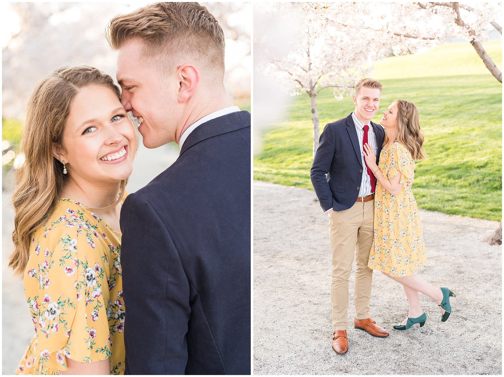 Couple dressed up in suit and yellow dress in the cherry blossoms | Spring Blossom Engagement at the Utah State Capitol | Utah Wedding Photographers | Jessie and Dallin