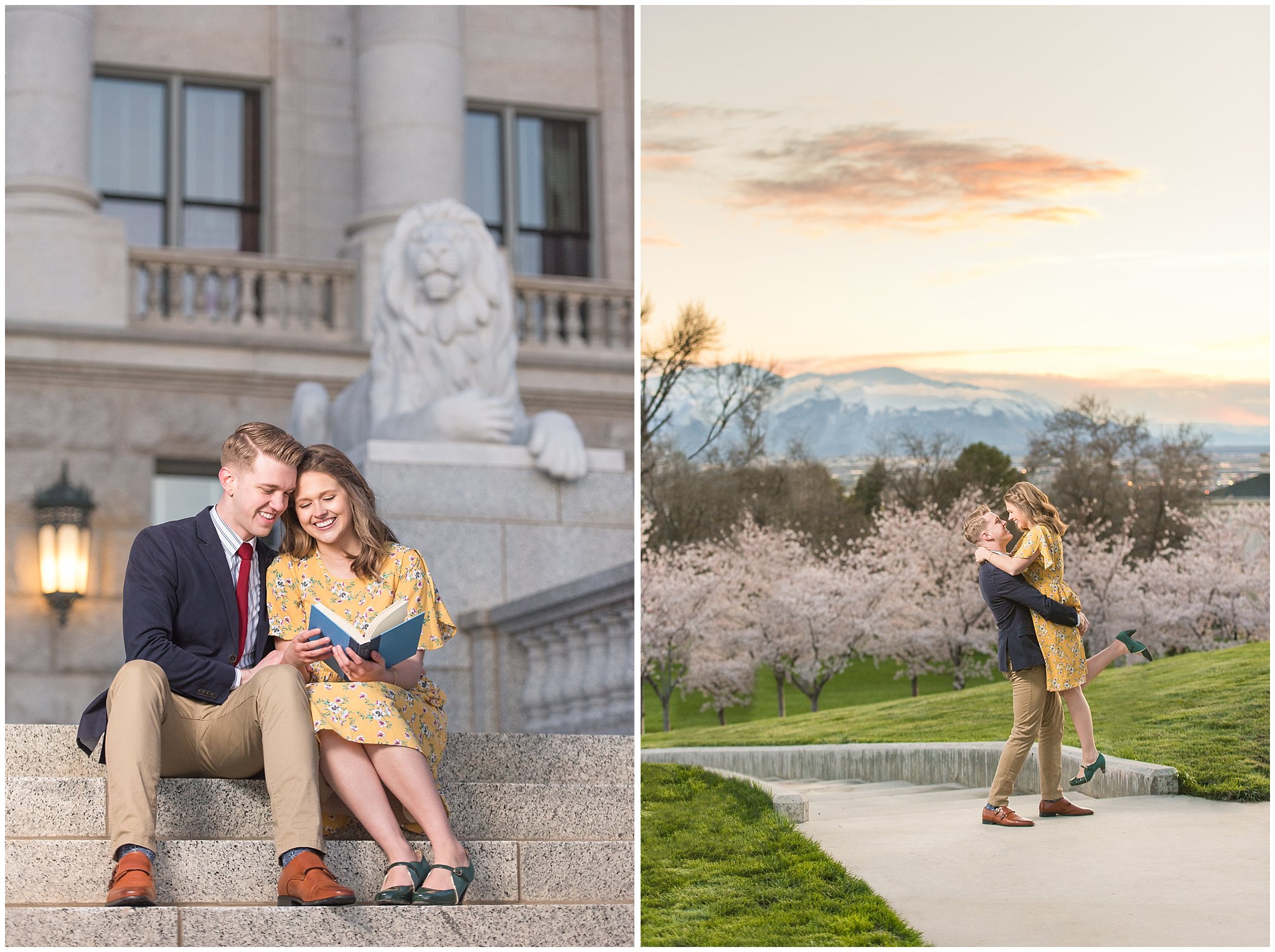 Romantic engagement with couple dressed up in suit and yellow dress in the cherry blossoms at sunset | Spring Blossom Engagement at the Utah State Capitol | Utah Wedding Photographers | Jessie and Dallin