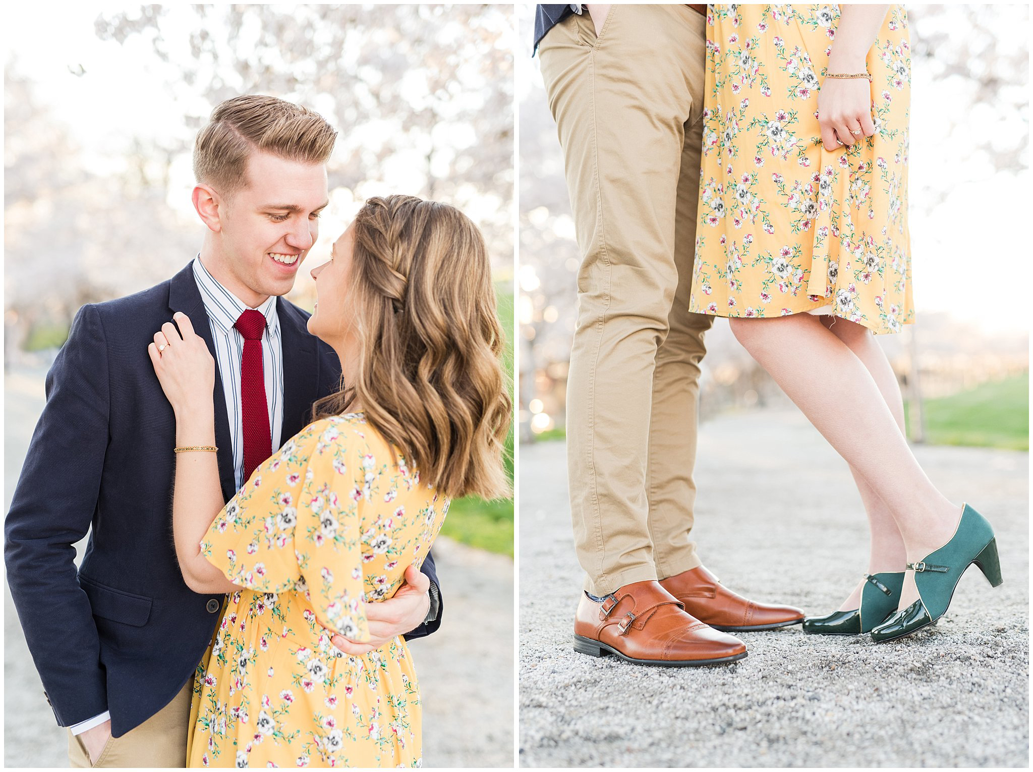 Couple dressed up in suit and yellow dress in the cherry blossoms | Spring Blossom Engagement at the Utah State Capitol | Utah Wedding Photographers | Jessie and Dallin