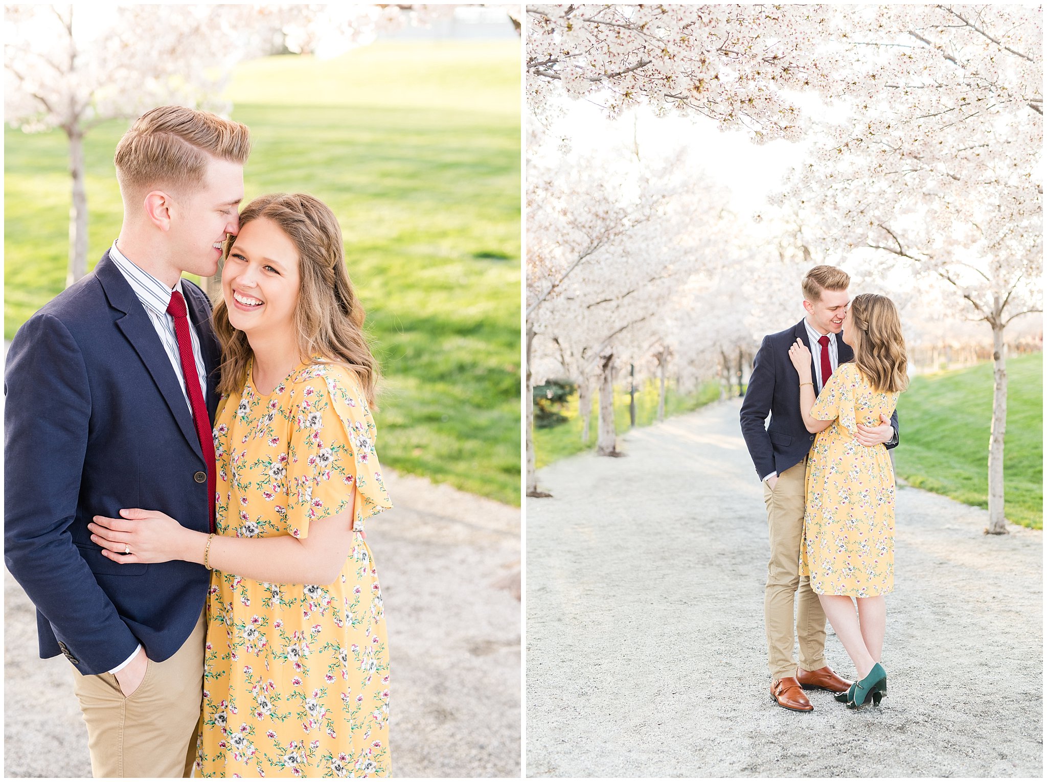 Couple dressed up in suit and yellow dress in the cherry blossoms | Spring Blossom Engagement at the Utah State Capitol | Utah Wedding Photographers | Jessie and Dallin