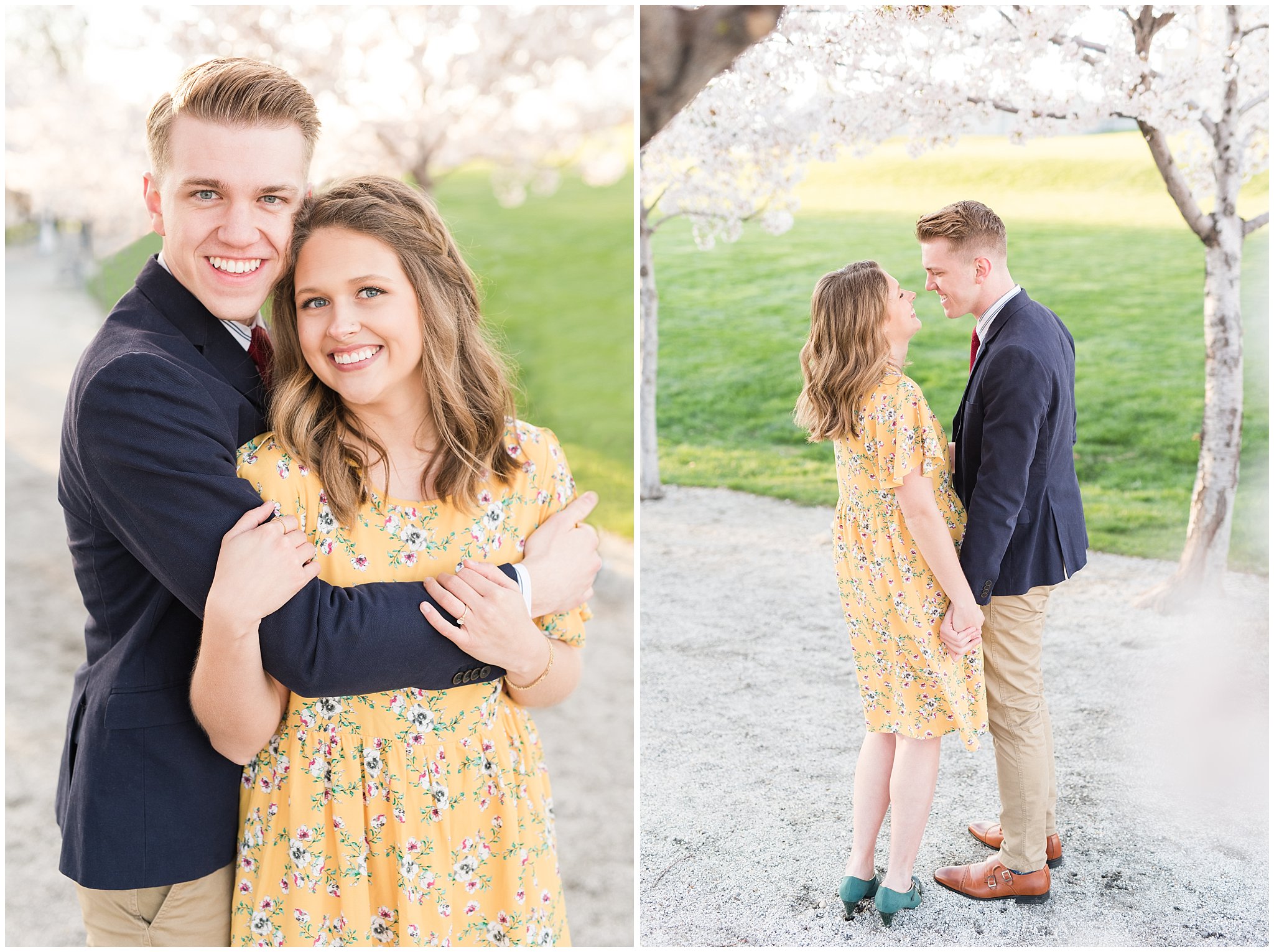 Couple dressed up in suit and yellow dress in the cherry blossoms | Spring Blossom Engagement at the Utah State Capitol | Utah Wedding Photographers | Jessie and Dallin