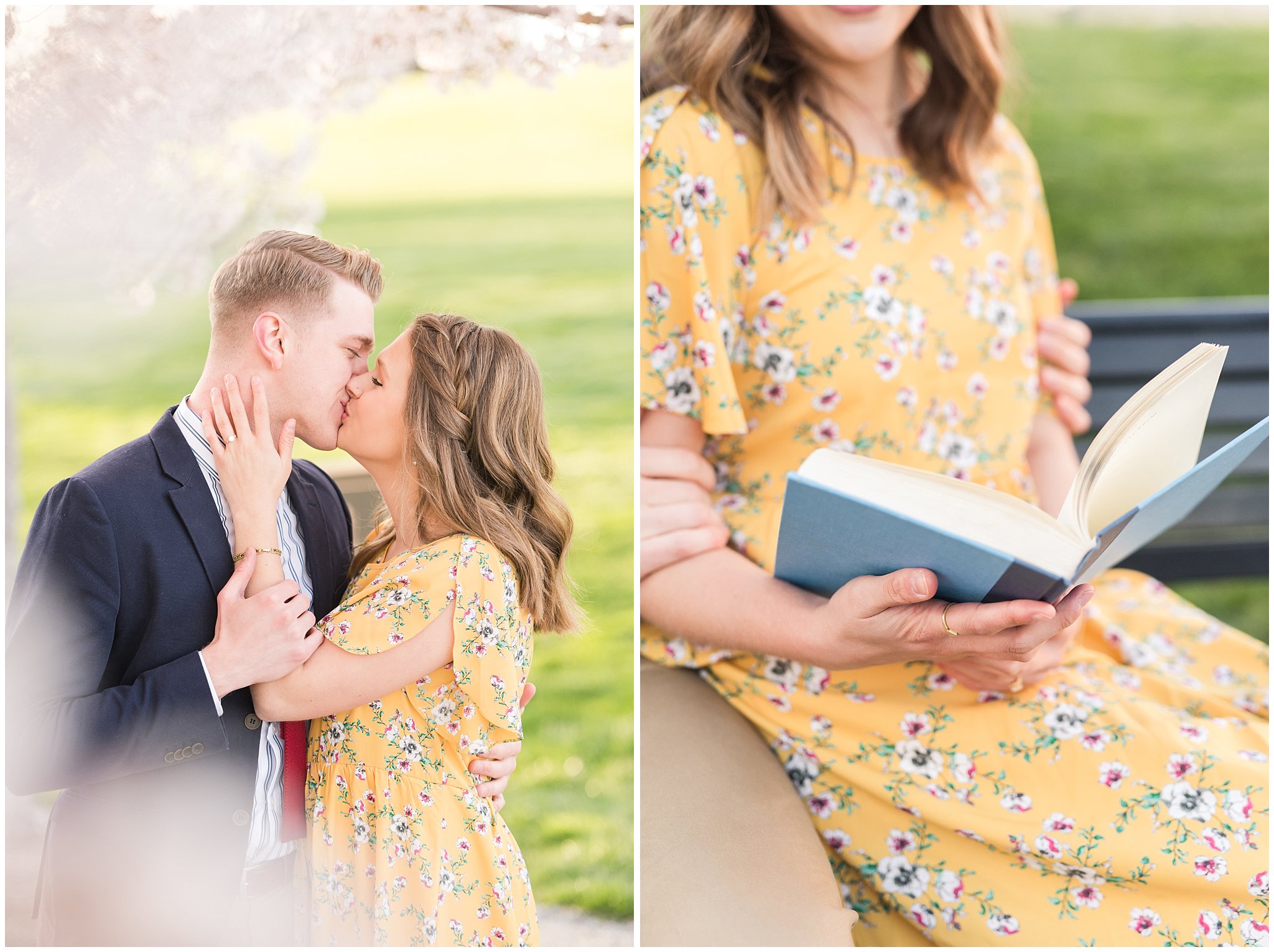 Couple reading a book and dressed up in suit and yellow dress in the cherry blossoms | Spring Blossom Engagement at the Utah State Capitol | Utah Wedding Photographers | Jessie and Dallin