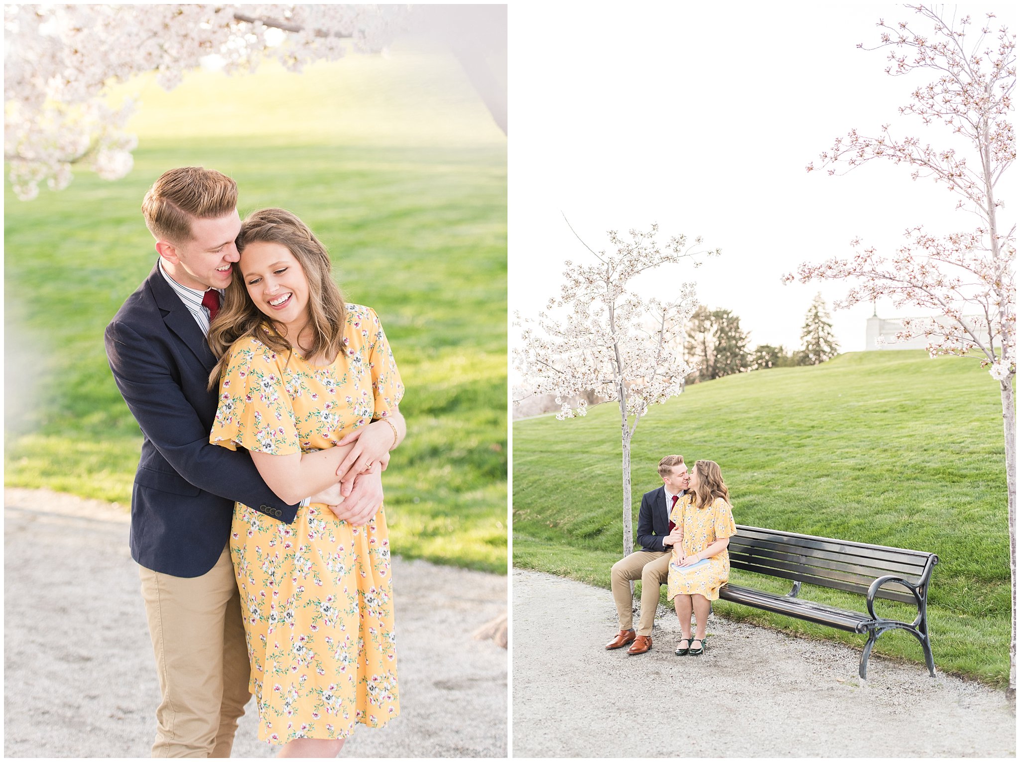 Couple dressed up in suit and yellow dress in the cherry blossoms | Spring Blossom Engagement at the Utah State Capitol | Utah Wedding Photographers | Jessie and Dallin