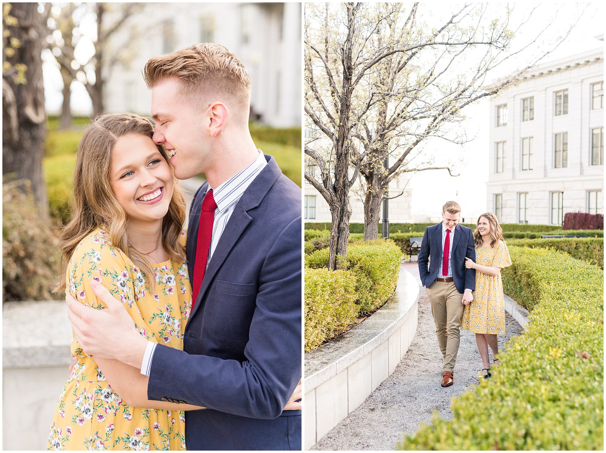 Couple dressed up in suit and yellow dress at the Utah State Capitol in the spring | Spring Blossom Engagement at the Utah State Capitol | Utah Wedding Photographers | Jessie and Dallin