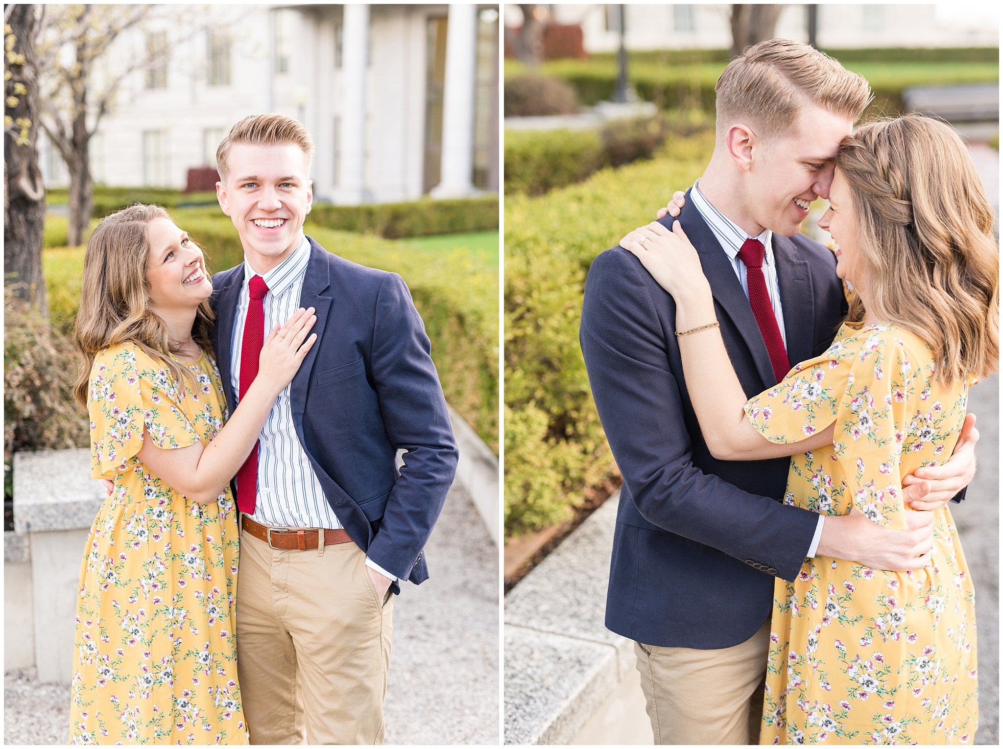 Couple dressed up in suit and yellow dress at the Utah State Capitol in the spring | Spring Blossom Engagement at the Utah State Capitol | Utah Wedding Photographers | Jessie and Dallin