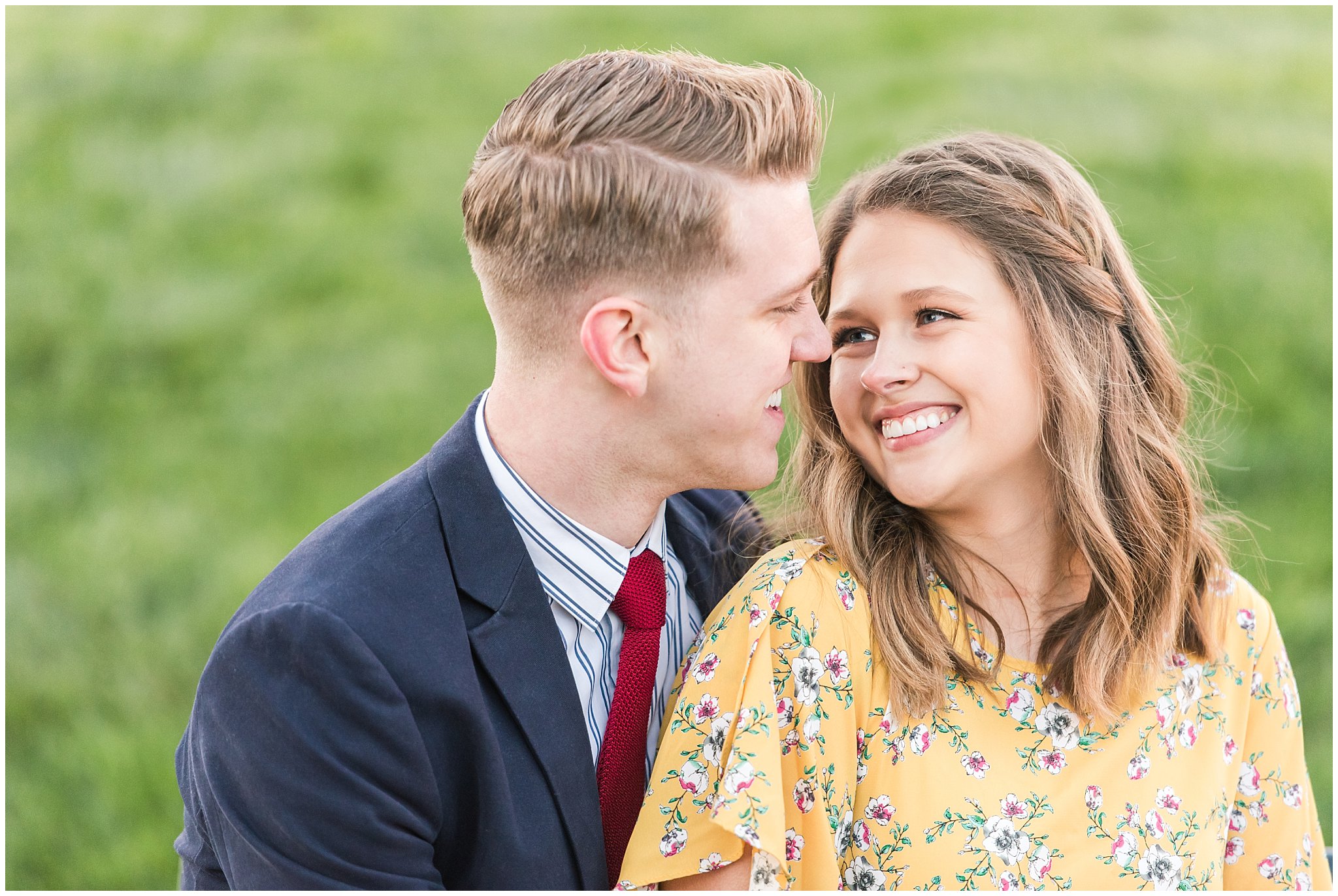 Couple dressed up in suit and yellow dress at the Utah State Capitol in the spring | Spring Blossom Engagement at the Utah State Capitol | Utah Wedding Photographers | Jessie and Dallin