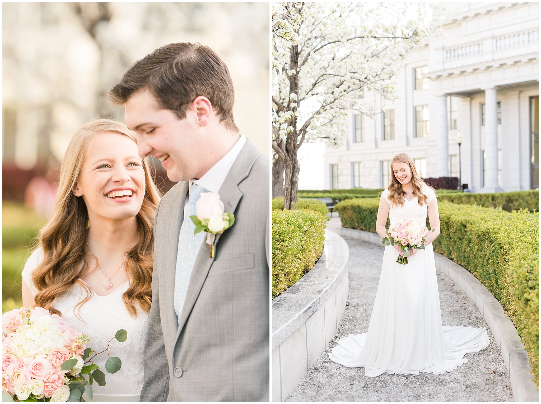 Bride with blush bouquet and groom with grey suit in the blossoms | Utah State Capitol Blossoms Formal Session | Salt Lake Wedding Photographers | Jessie and Dallin Photography