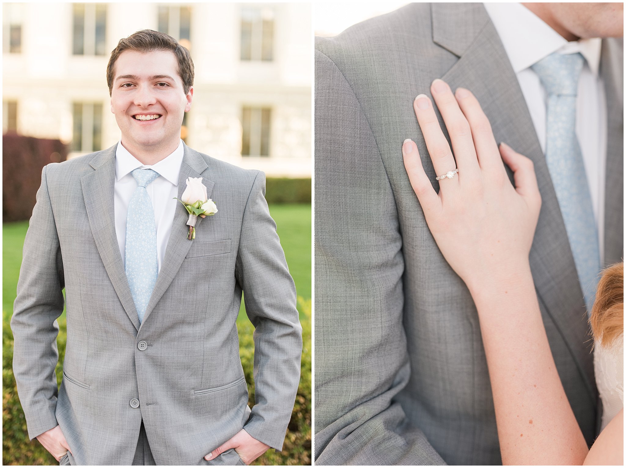 Groom with grey suit in the blossoms | Utah State Capitol Blossoms Formal Session | Salt Lake Wedding Photographers | Jessie and Dallin Photography