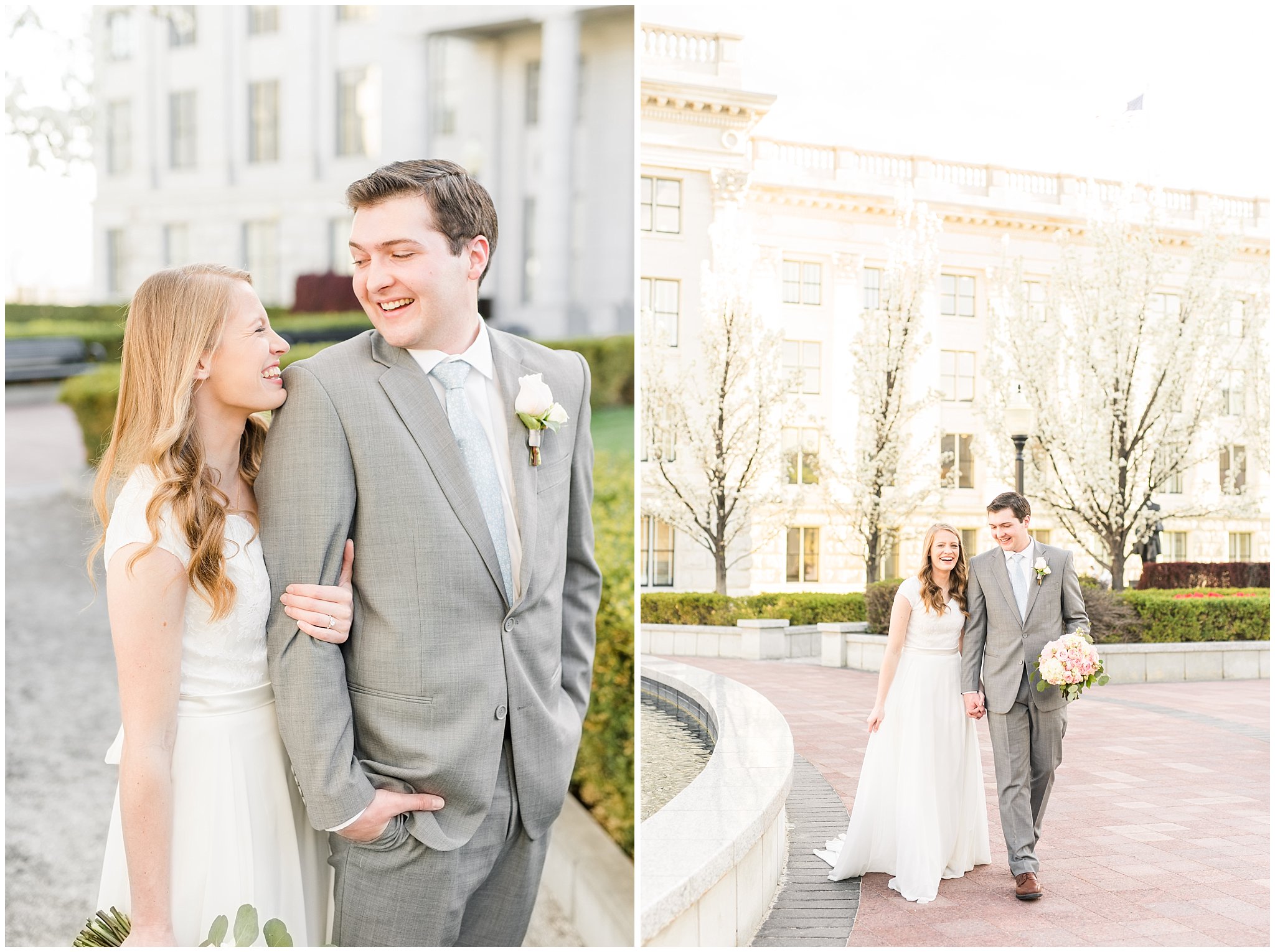 Bride with blush bouquet and groom with grey suit in the blossoms | Utah State Capitol Blossoms Formal Session | Salt Lake Wedding Photographers | Jessie and Dallin Photography