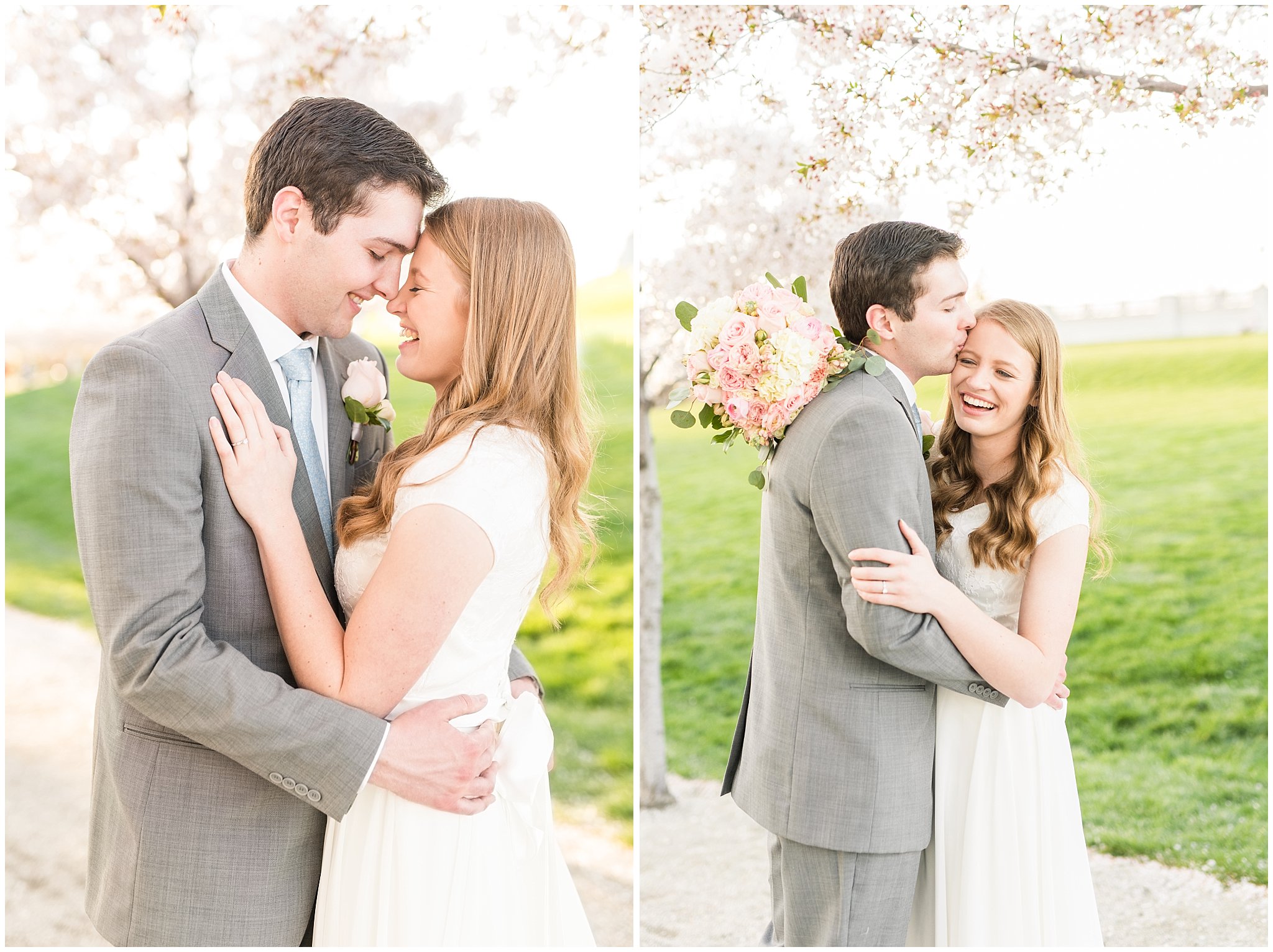 Bride with blush bouquet and groom with grey suit in the cherry blossoms | Utah State Capitol Blossoms Formal Session | Salt Lake Wedding Photographers | Jessie and Dallin Photography