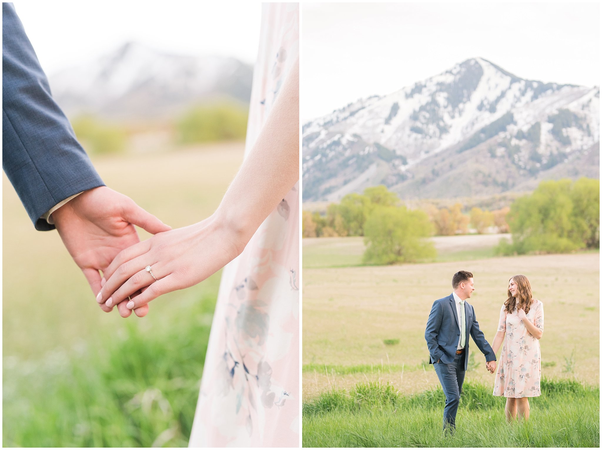 Couple dressed up in blue suit and blush dress surrounded by grass and snowy mountain peaks during elegant engagement | Downtown Logan and Wellsville Mountain Engagement | Jessie and Dallin Photography