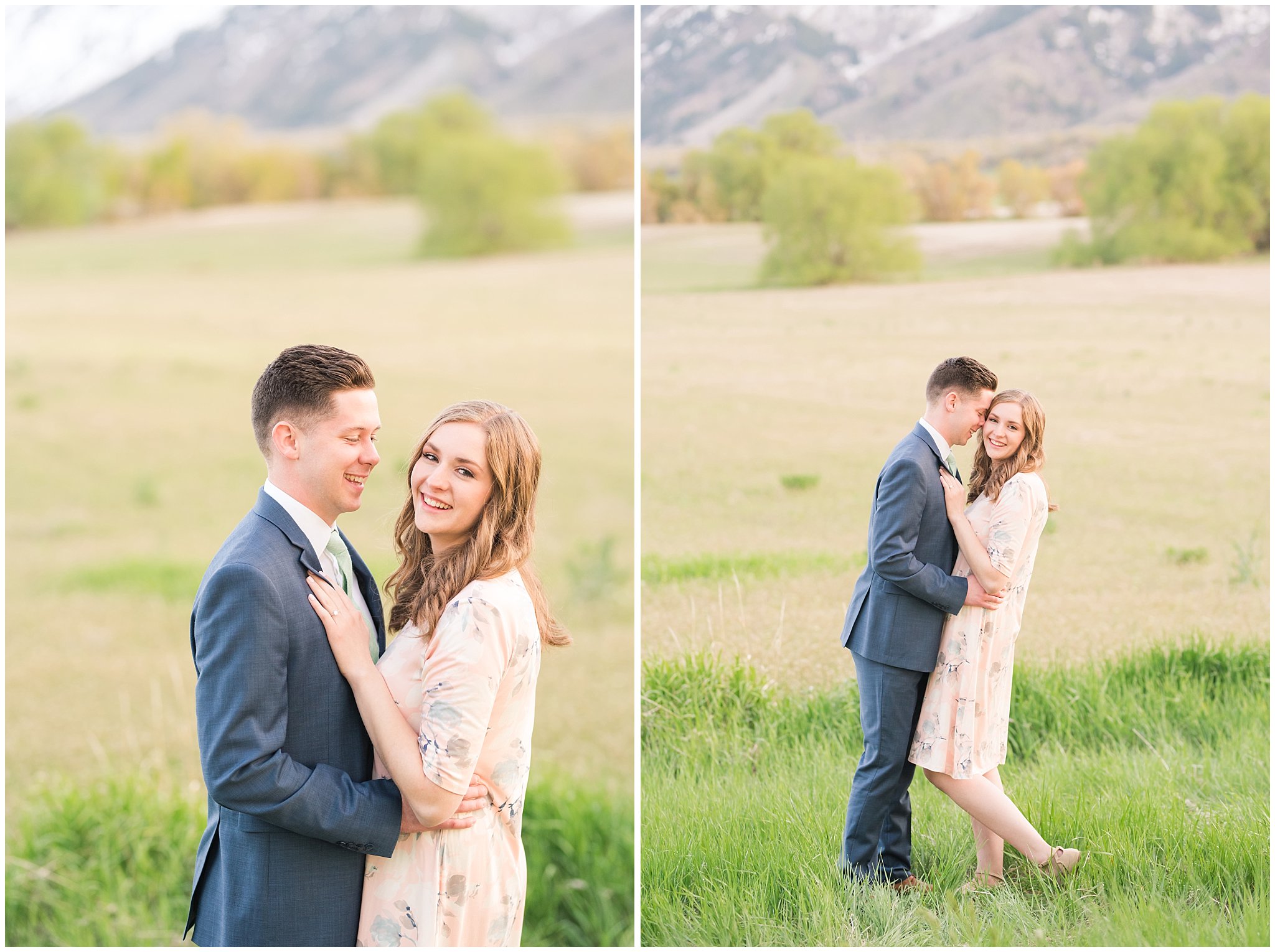 Couple dressed up in blue suit and blush dress surrounded by grass and snowy mountain peaks during elegant engagement | Downtown Logan and Wellsville Mountain Engagement | Jessie and Dallin Photography