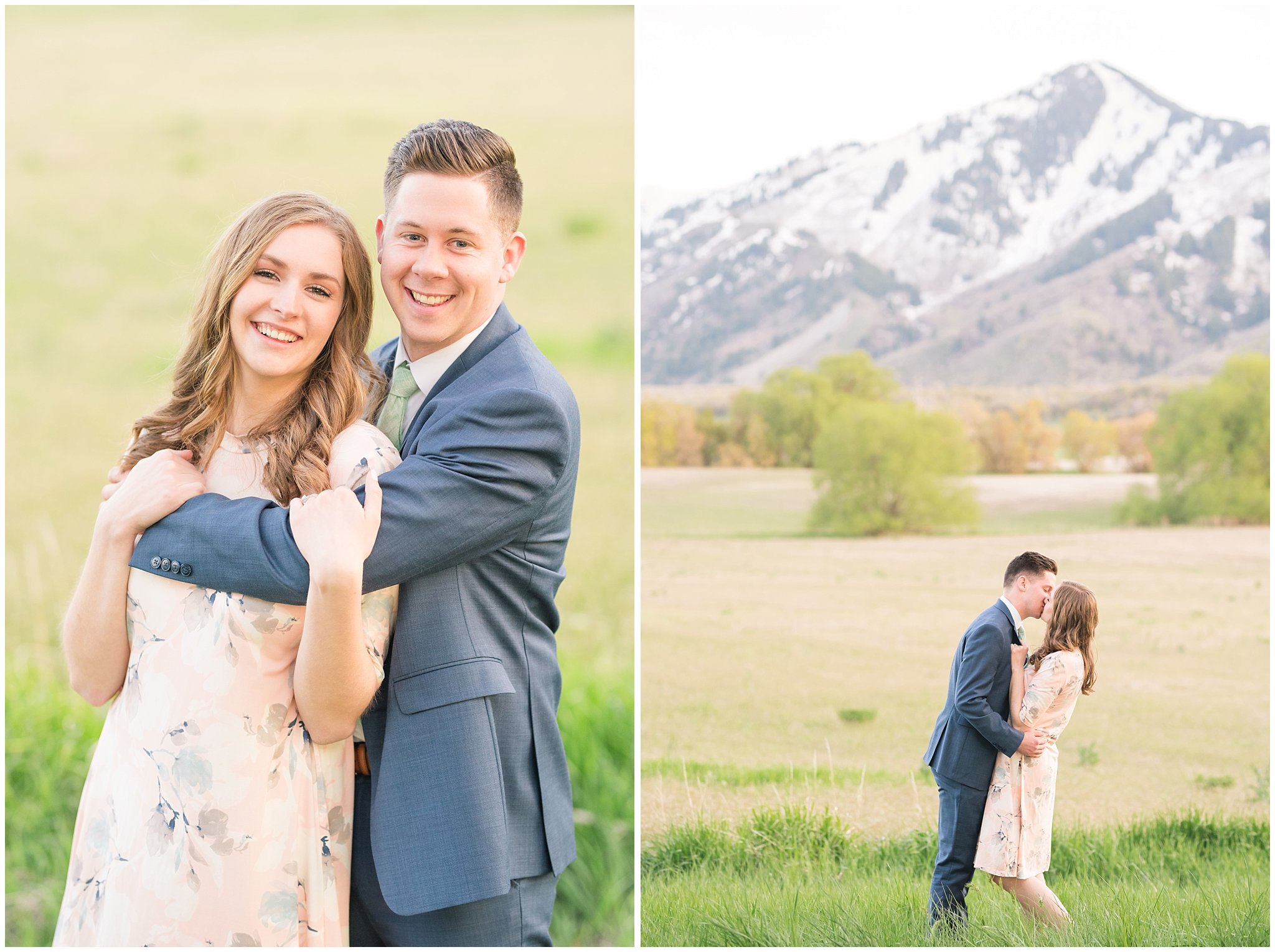 Couple dressed up in blue suit and blush dress surrounded by grass and snowy mountain peaks during elegant engagement | Downtown Logan and Wellsville Mountain Engagement | Jessie and Dallin Photography
