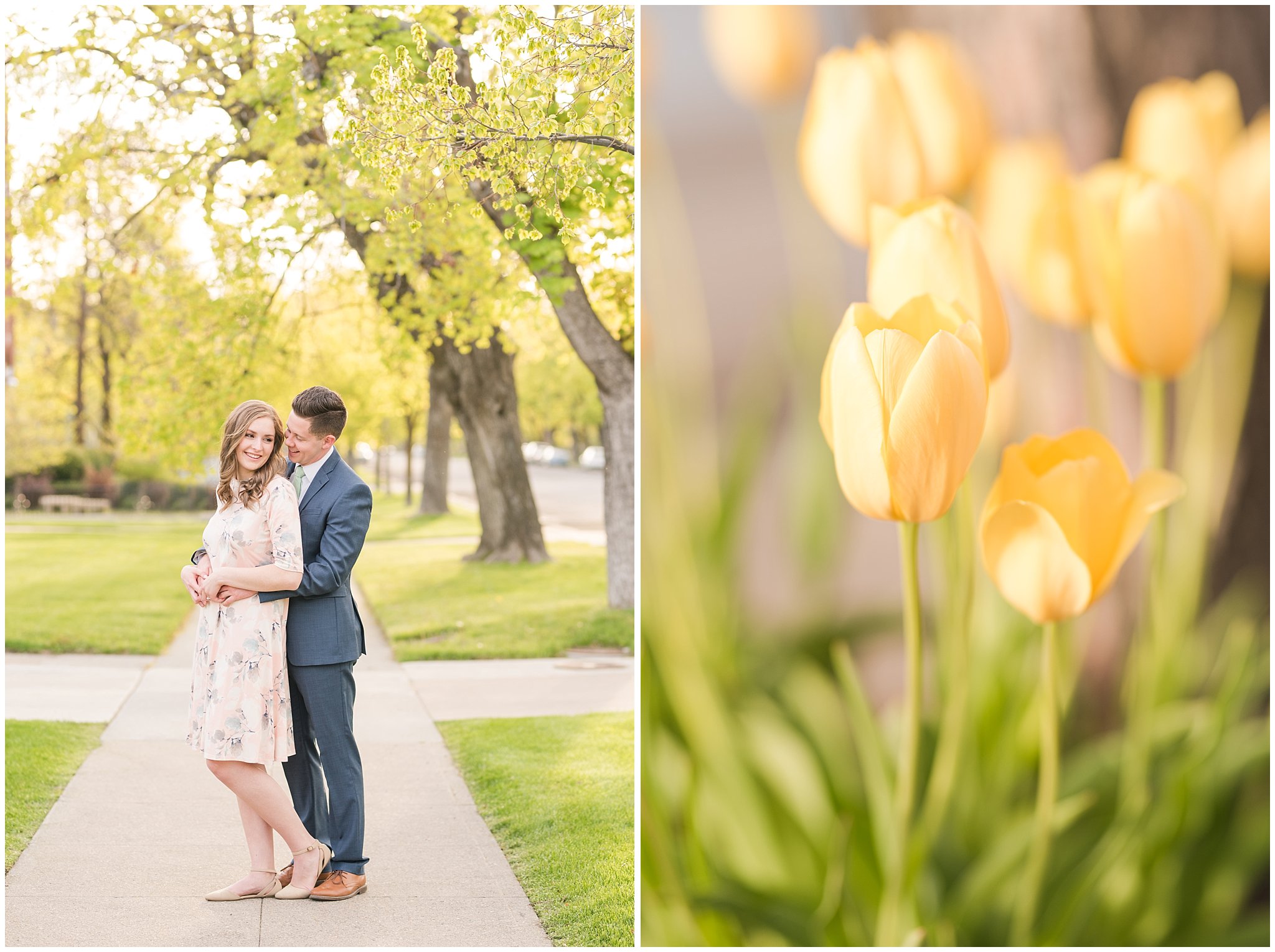 Couple dressed up in blue suit and blush dress surrounded by the city and trees in the spring | Downtown Logan and Wellsville Mountain Engagement | Jessie and Dallin Photography