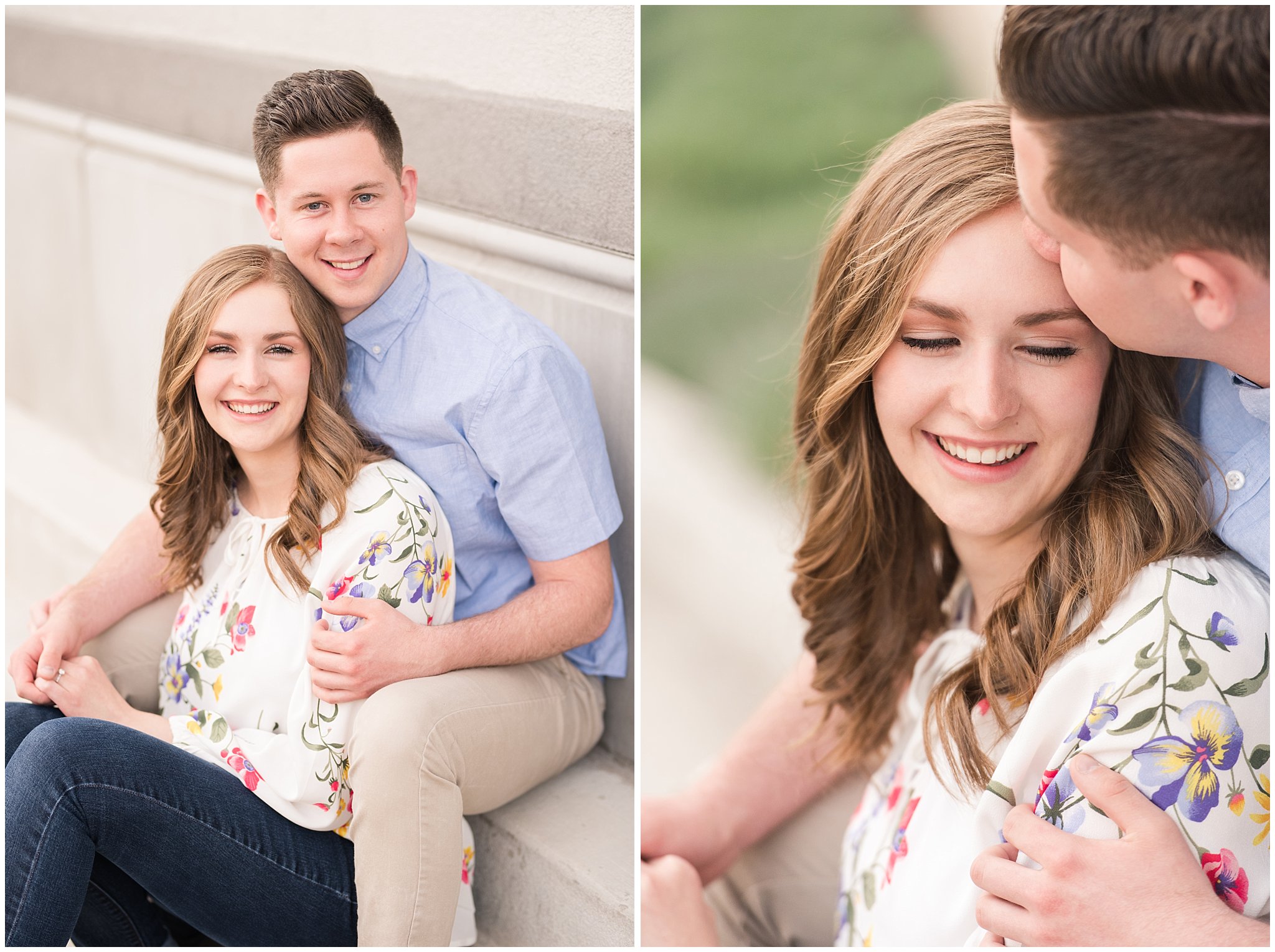 Couple dressed in elegant, light, neutral colors for downtown urban engagement in Logan Utah | Downtown Logan and Wellsville Mountain Engagement | Jessie and Dallin Photography