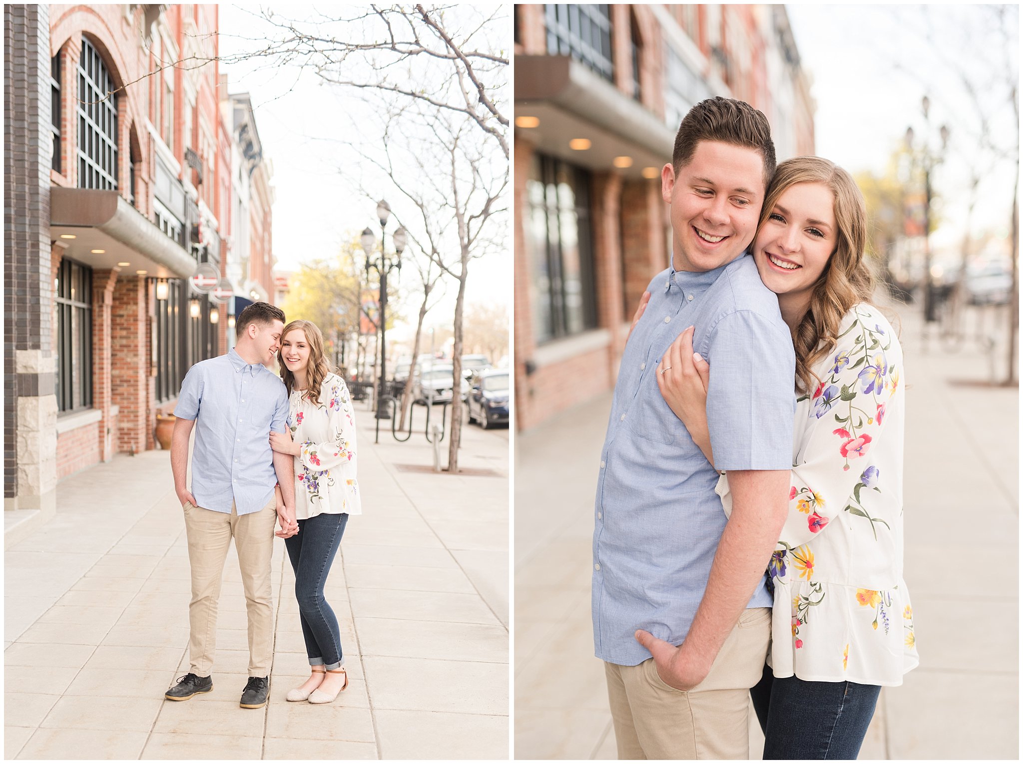 Couple dressed in elegant, light, neutral colors for downtown urban engagement in Logan Utah | Downtown Logan and Wellsville Mountain Engagement | Jessie and Dallin Photography