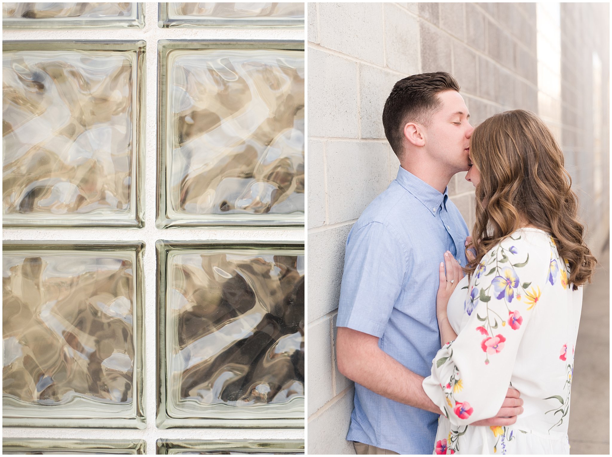 Couple dressed in elegant, light, neutral colors for downtown urban engagement in Logan Utah | Downtown Logan and Wellsville Mountain Engagement | Jessie and Dallin Photography