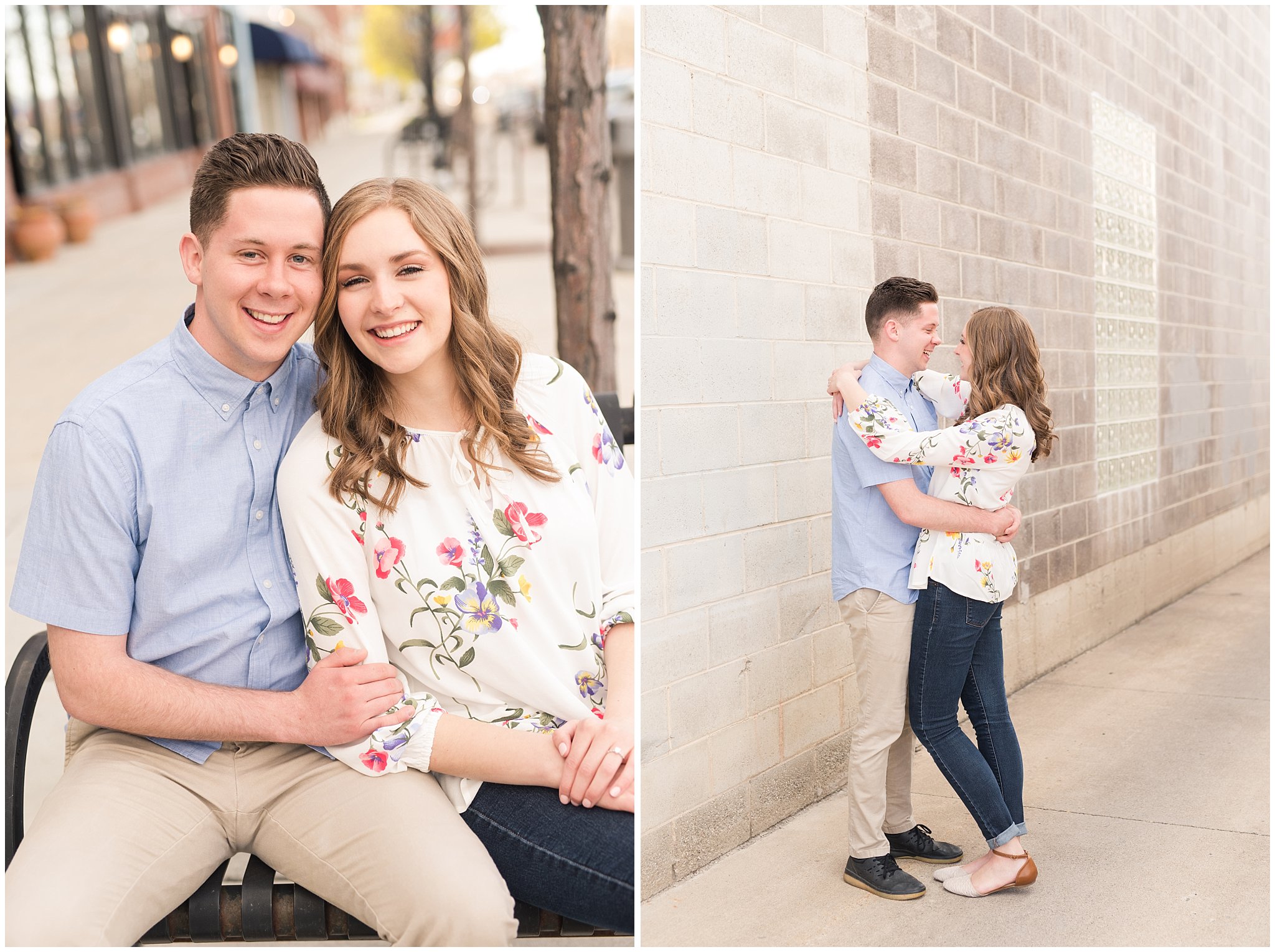 Couple dressed in elegant, light, neutral colors for downtown urban engagement in Logan Utah | Downtown Logan and Wellsville Mountain Engagement | Jessie and Dallin Photography