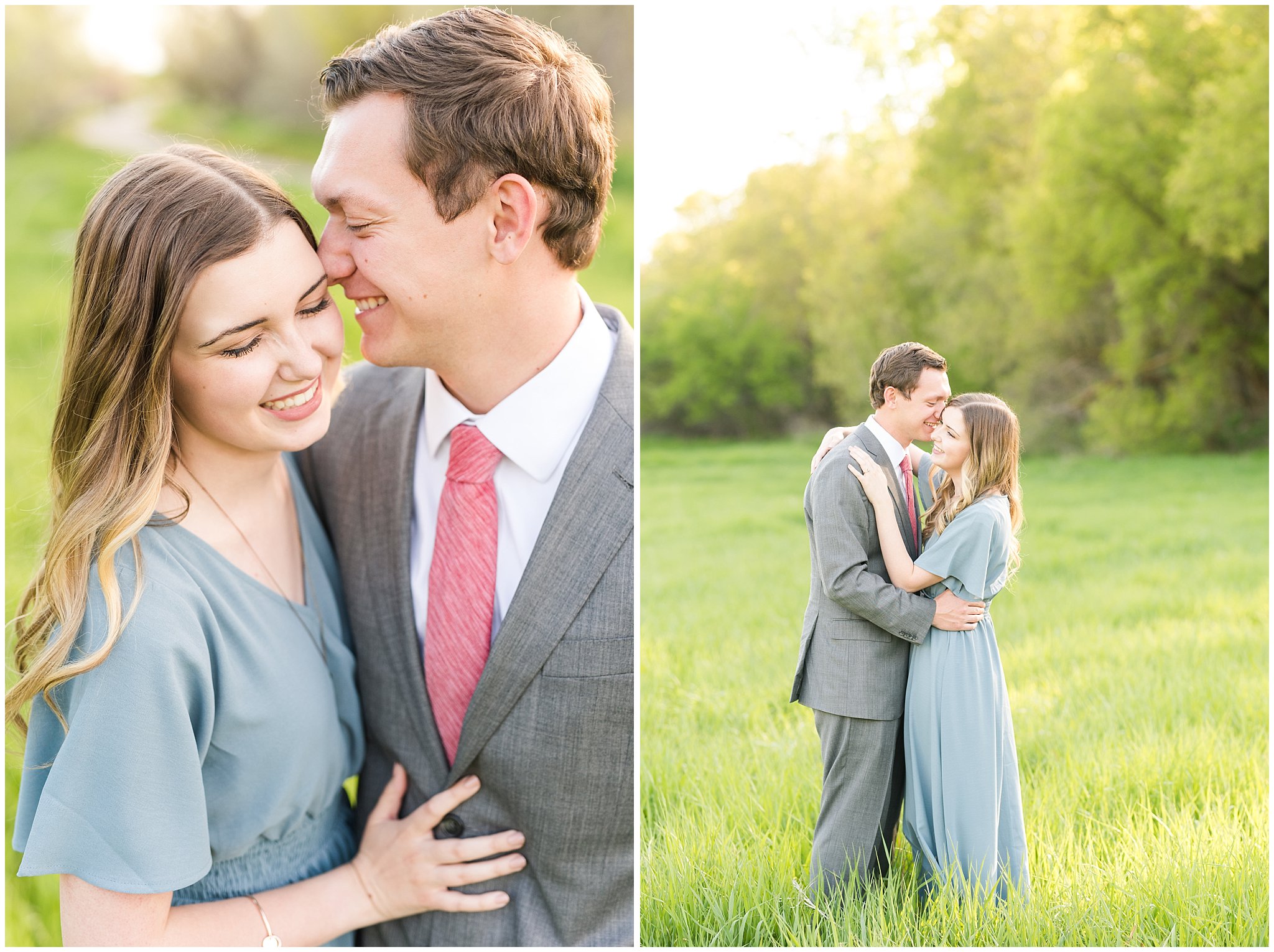 Couple dressed up in flowy blue dress and grey suit for engagement in the woods | Utah Engagement | Jessie and Dallin Photography