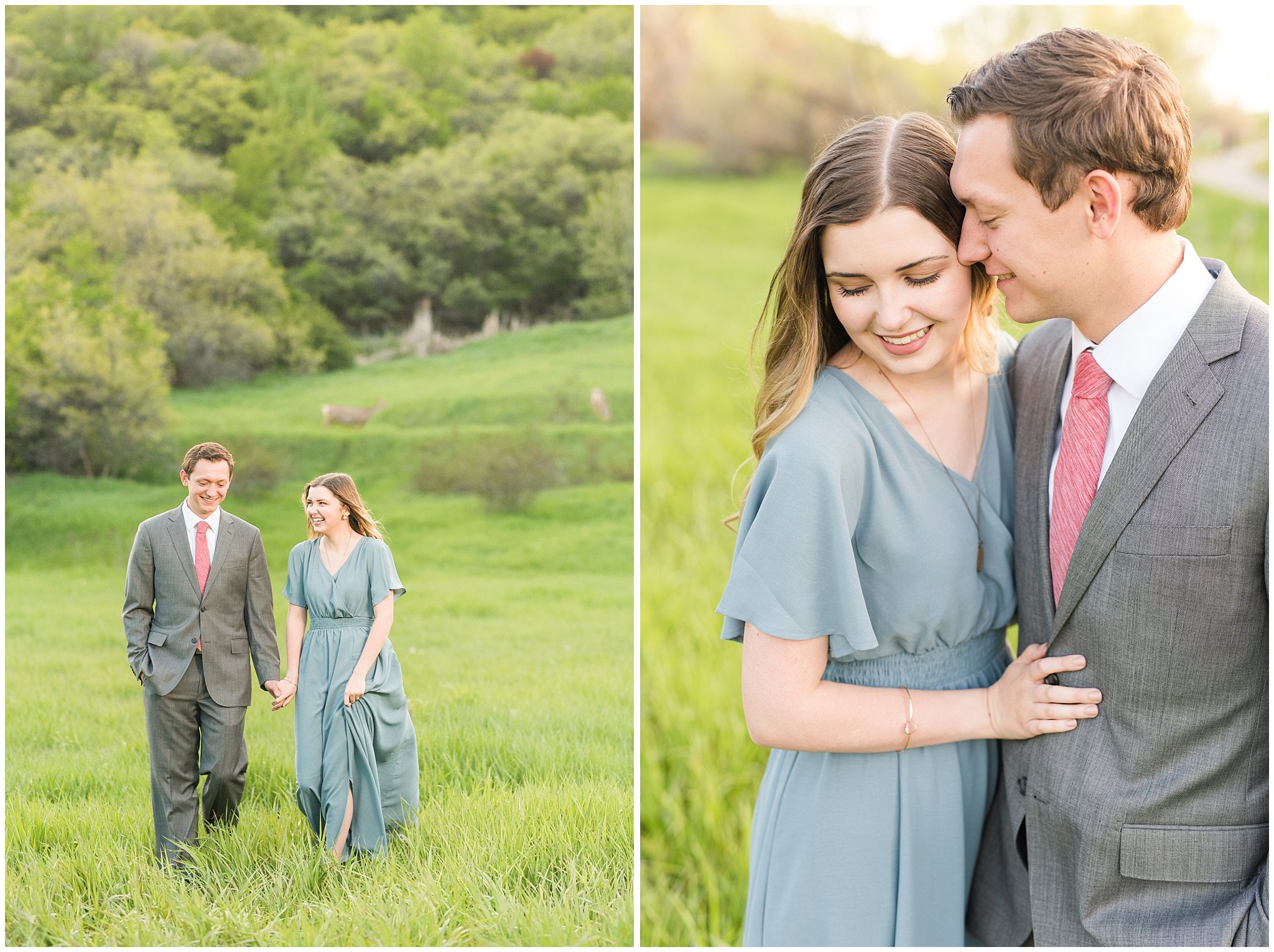 Couple dressed up in flowy blue dress and grey suit for engagement in the woods | Utah Engagement | Jessie and Dallin Photography