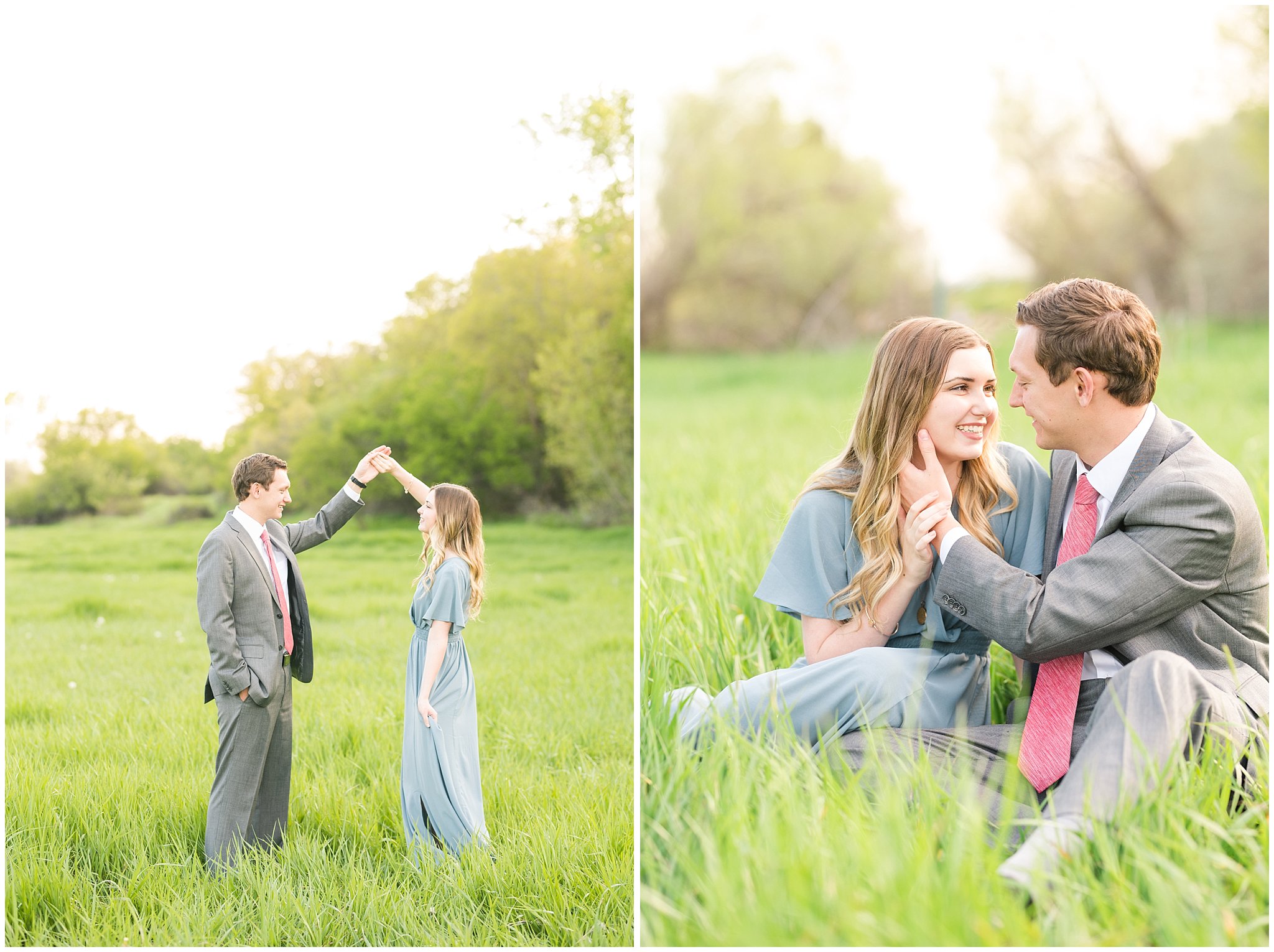 Couple dressed up in flowy blue dress and grey suit for engagement in the woods | Utah Engagement | Jessie and Dallin Photography